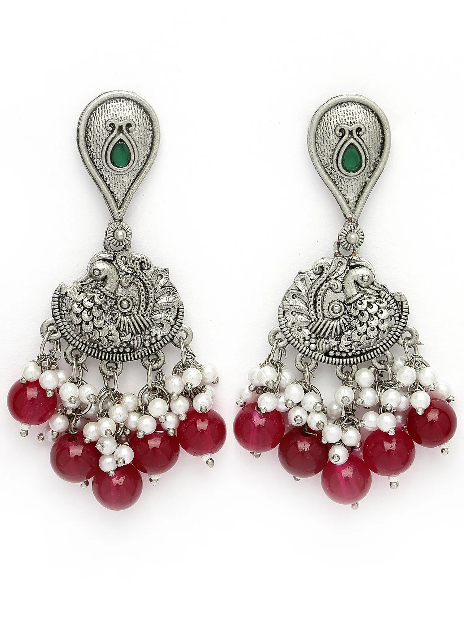 Karatcart Oxidised Silver Red Beads Peacock Design Kundan Drop Earrings for Women