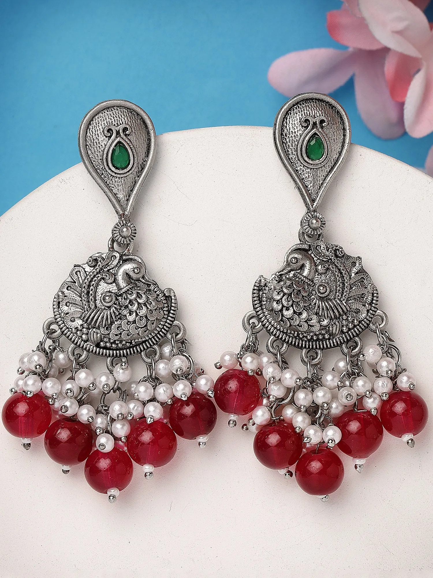 Karatcart Oxidised Silver Red Beads Peacock Design Kundan Drop Earrings for Women
