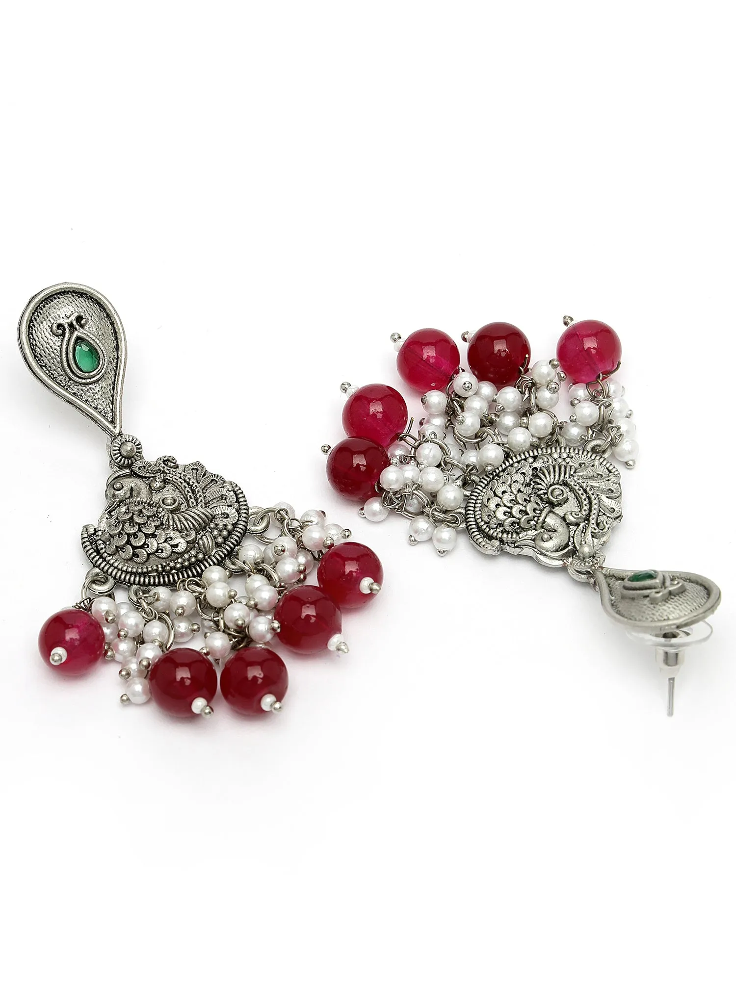 Karatcart Oxidised Silver Red Beads Peacock Design Kundan Drop Earrings for Women