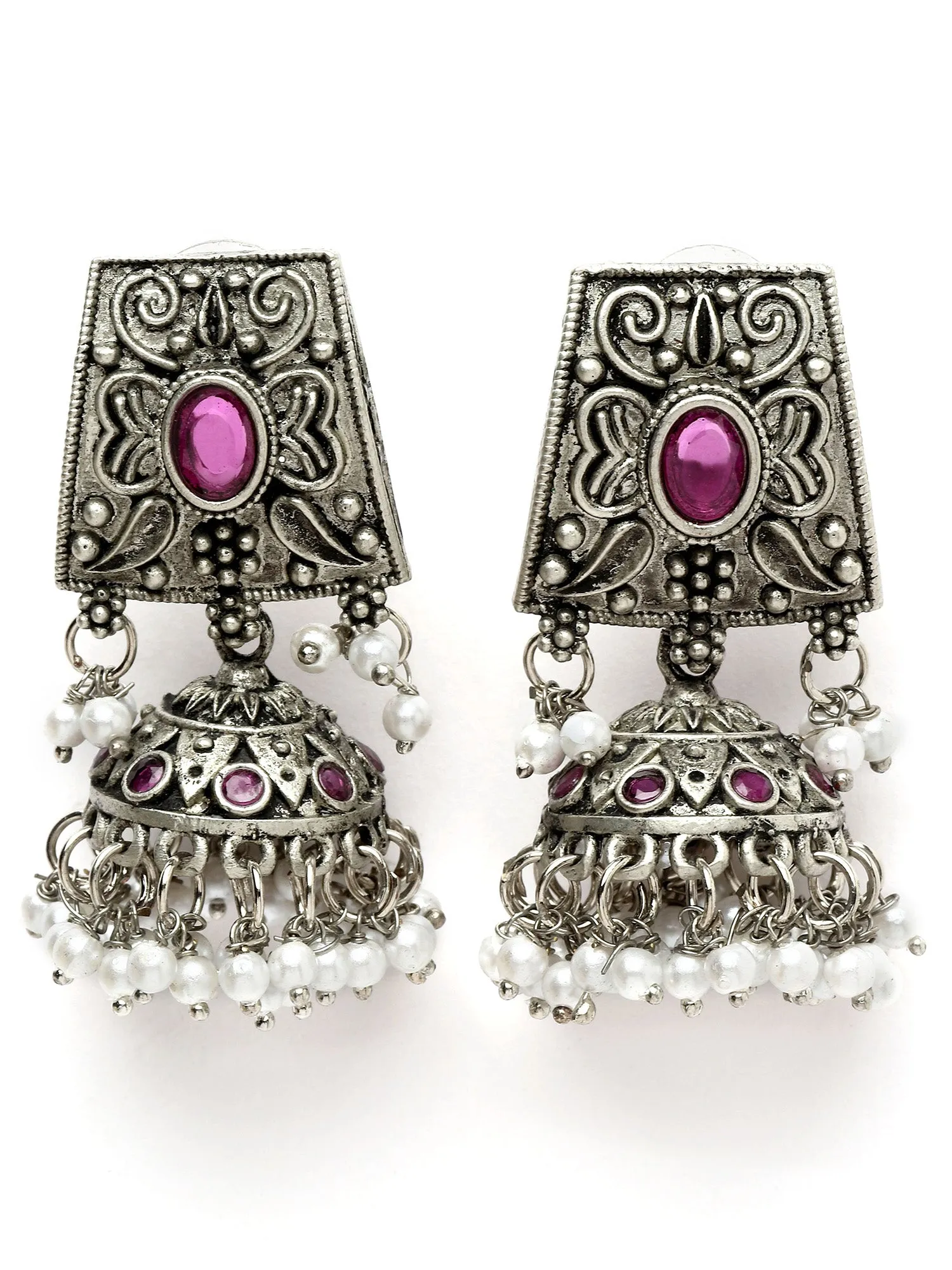 Karatcart Oxidised Silver Red Kundan Studded Jhumki Earrings for Women