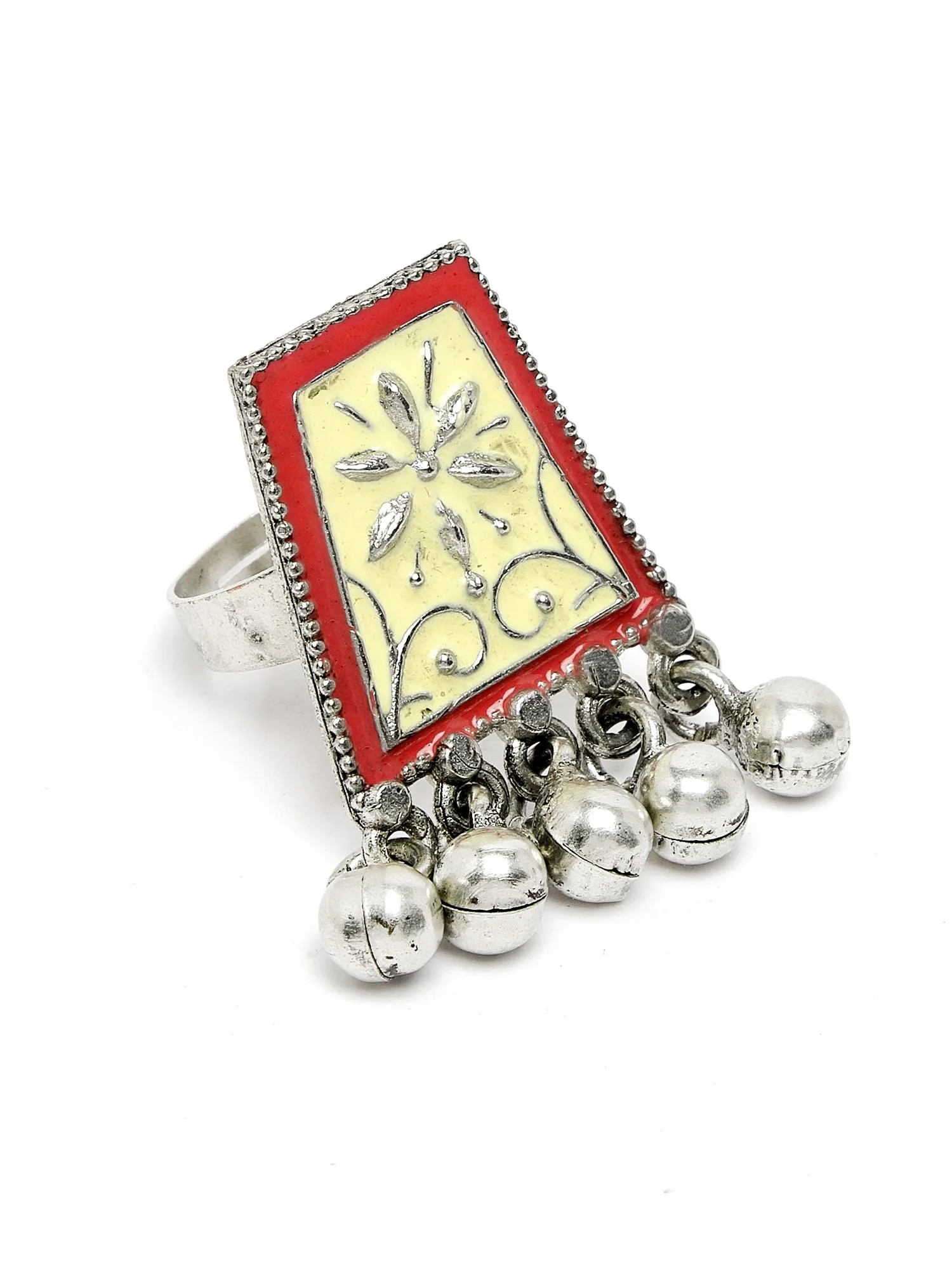 Karatcart Oxidised Silver Red Meena Finger Ring for Women
