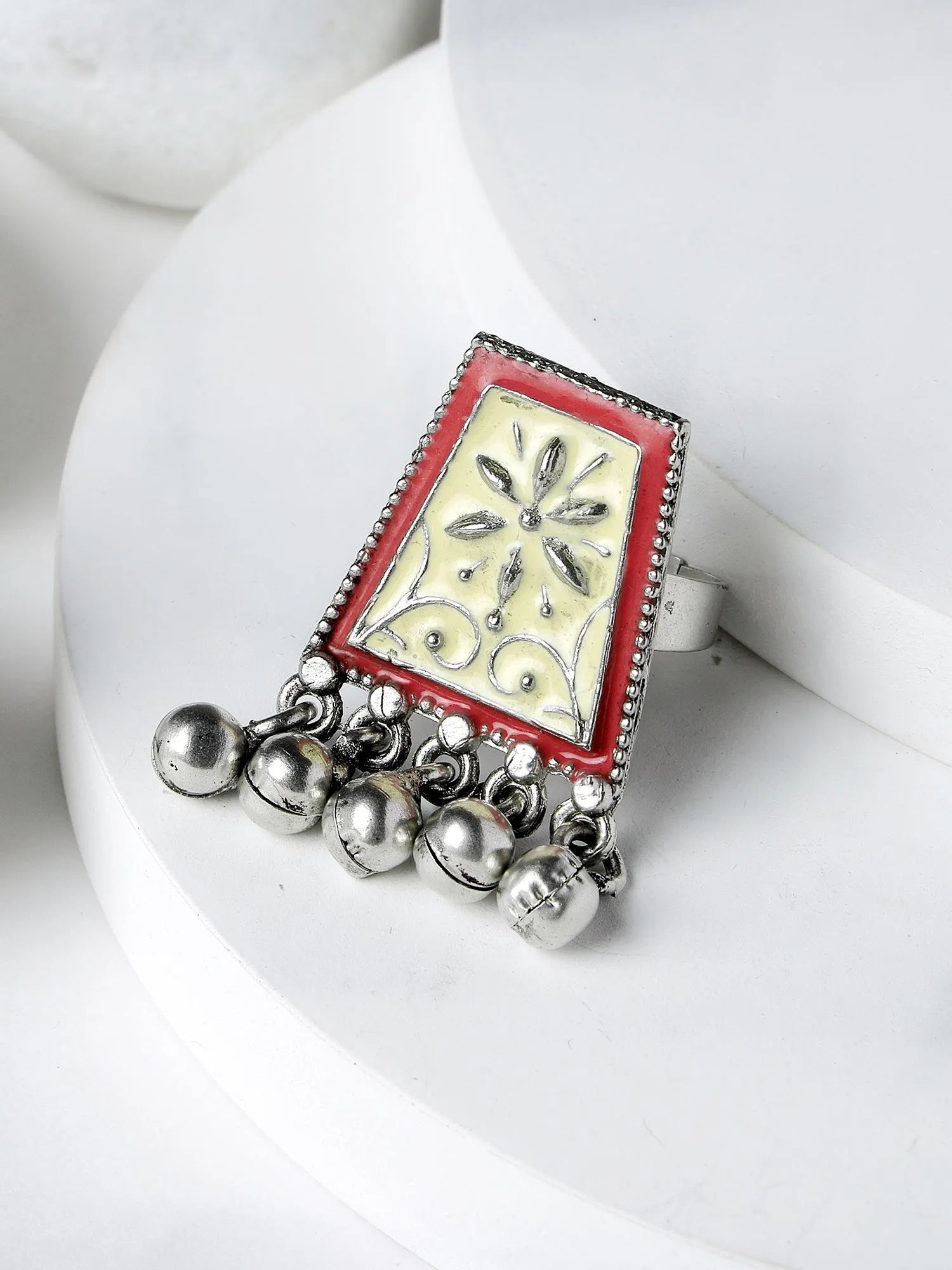 Karatcart Oxidised Silver Red Meena Finger Ring for Women