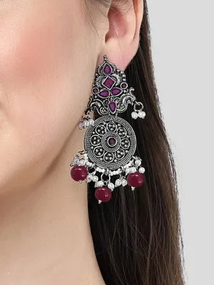 Karatcart Oxidised Silver Red Stone Chakra Design Dangler Earrings for Women