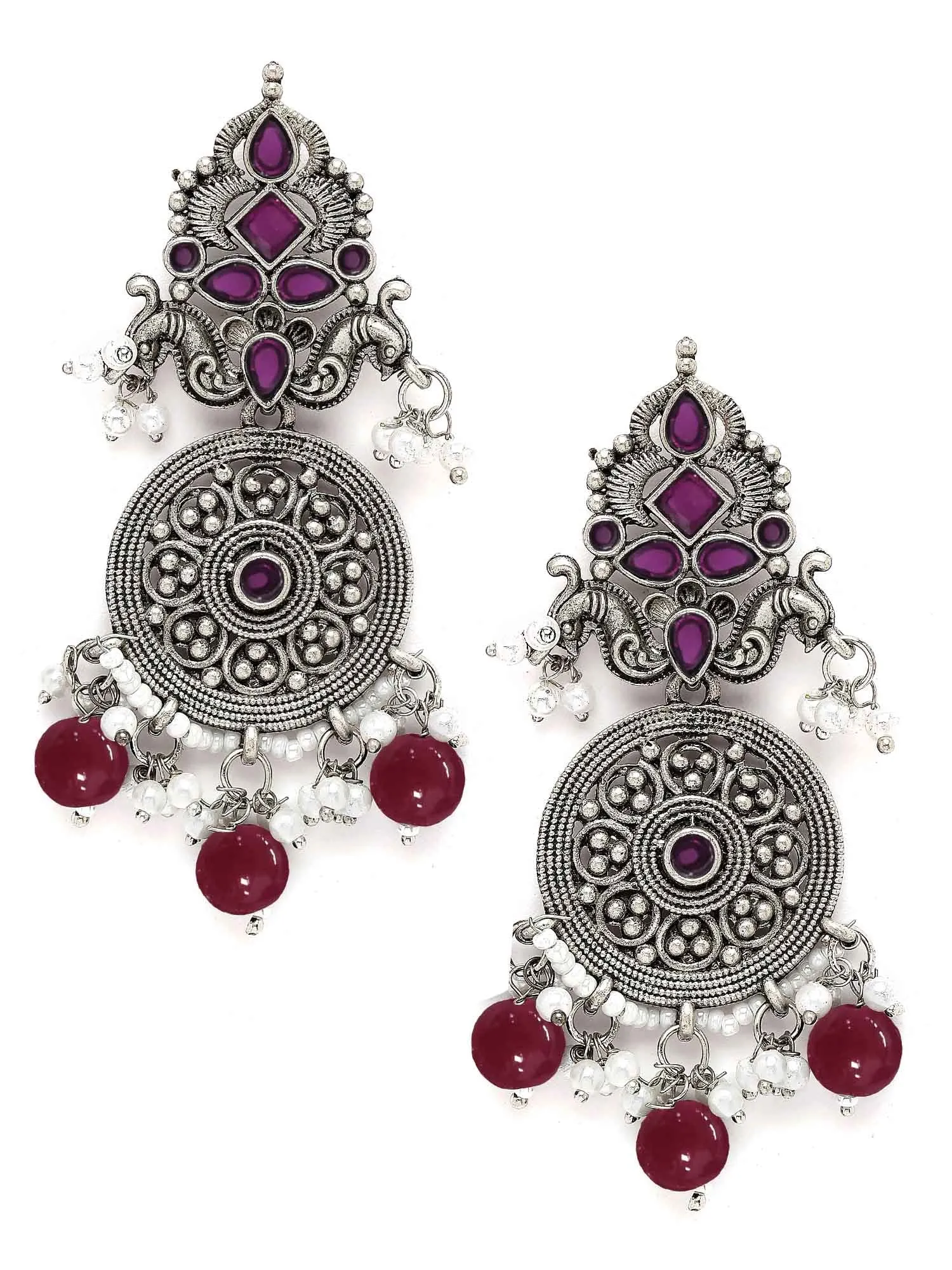 Karatcart Oxidised Silver Red Stone Chakra Design Dangler Earrings for Women
