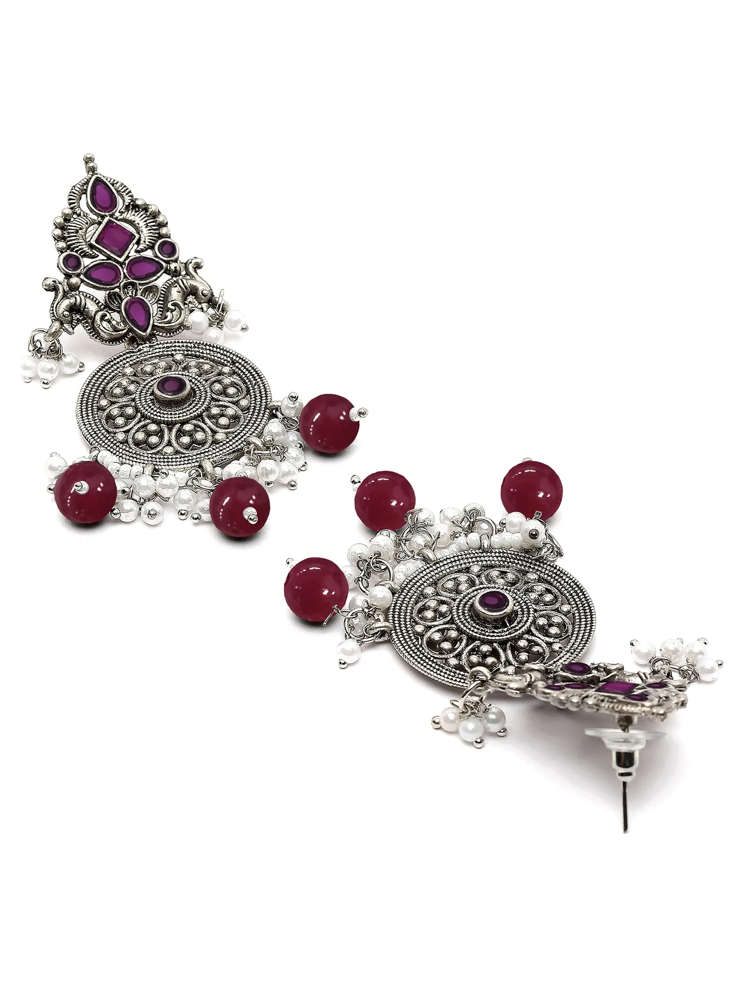 Karatcart Oxidised Silver Red Stone Chakra Design Dangler Earrings for Women