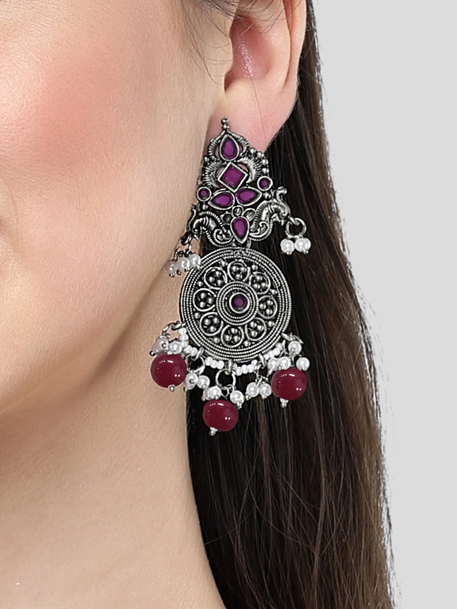 Karatcart Oxidised Silver Red Stone Chakra Design Dangler Earrings for Women