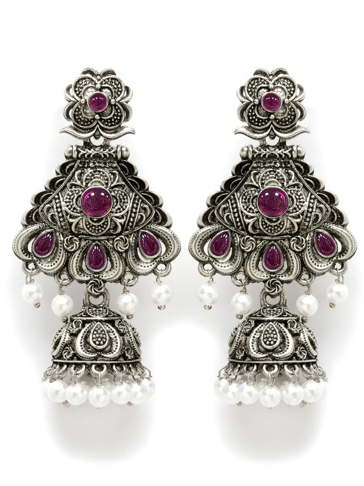 Karatcart Oxidised Silver Red Stone Studded Dangler Jhumki Earrings for Women