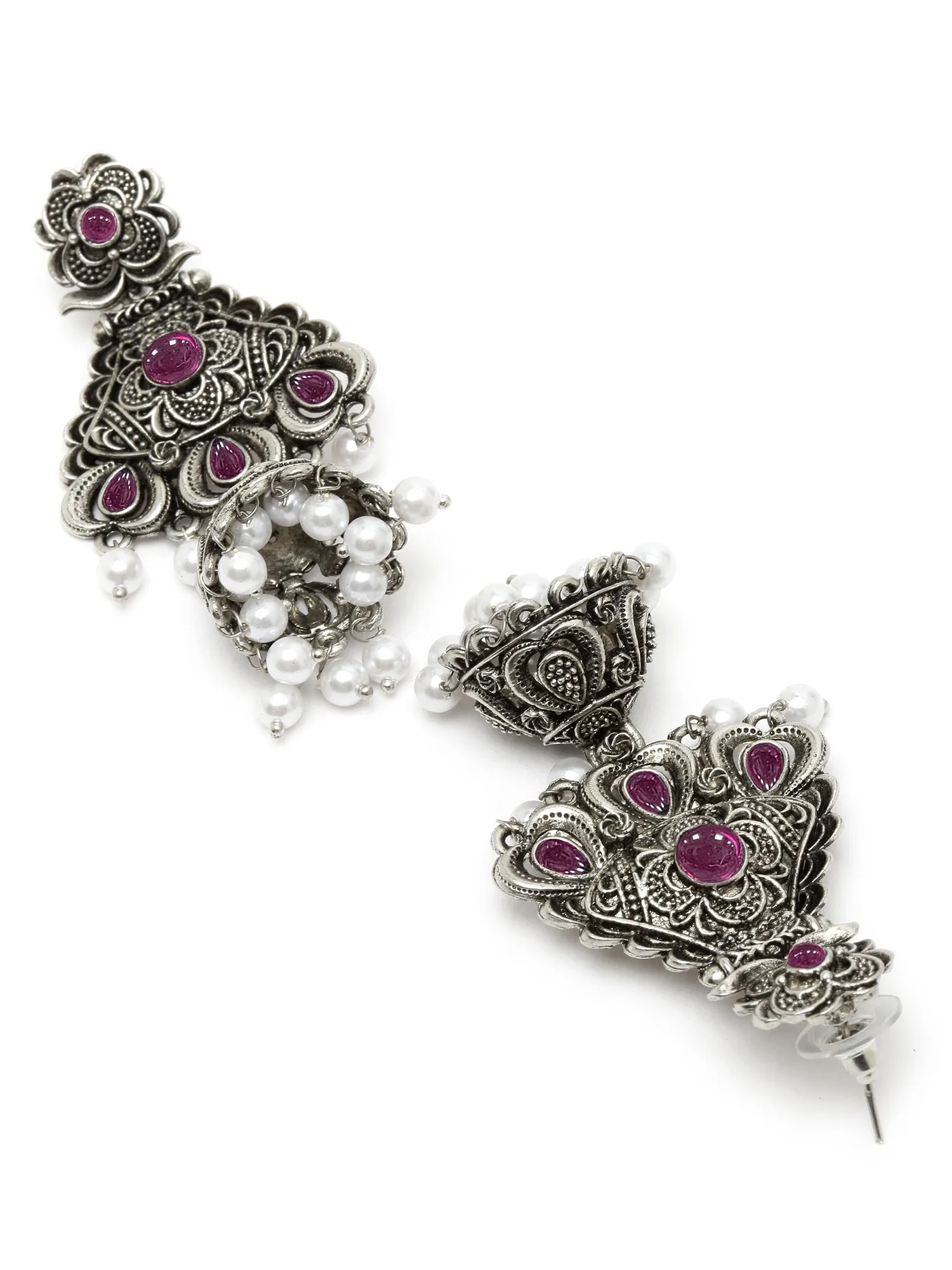 Karatcart Oxidised Silver Red Stone Studded Dangler Jhumki Earrings for Women