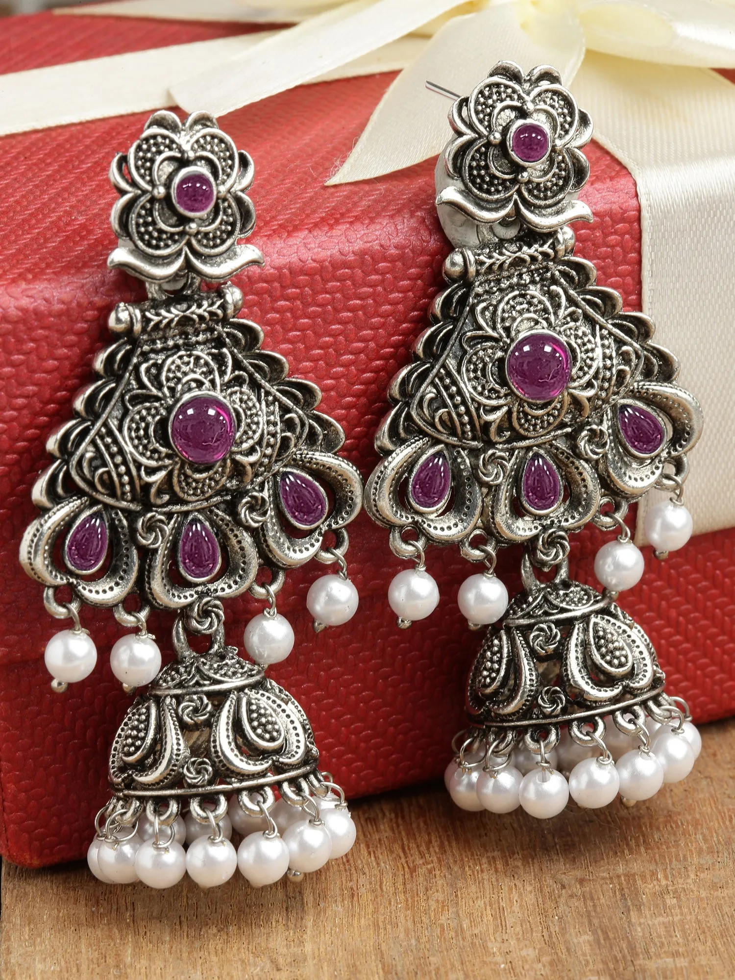 Karatcart Oxidised Silver Red Stone Studded Dangler Jhumki Earrings for Women