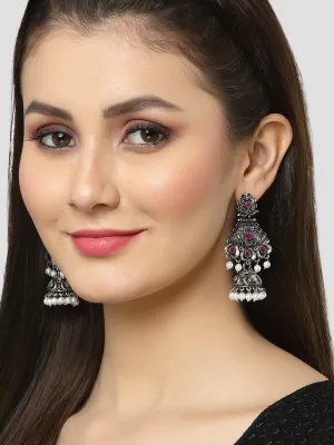 Karatcart Oxidised Silver Red Stone Studded Dangler Jhumki Earrings for Women