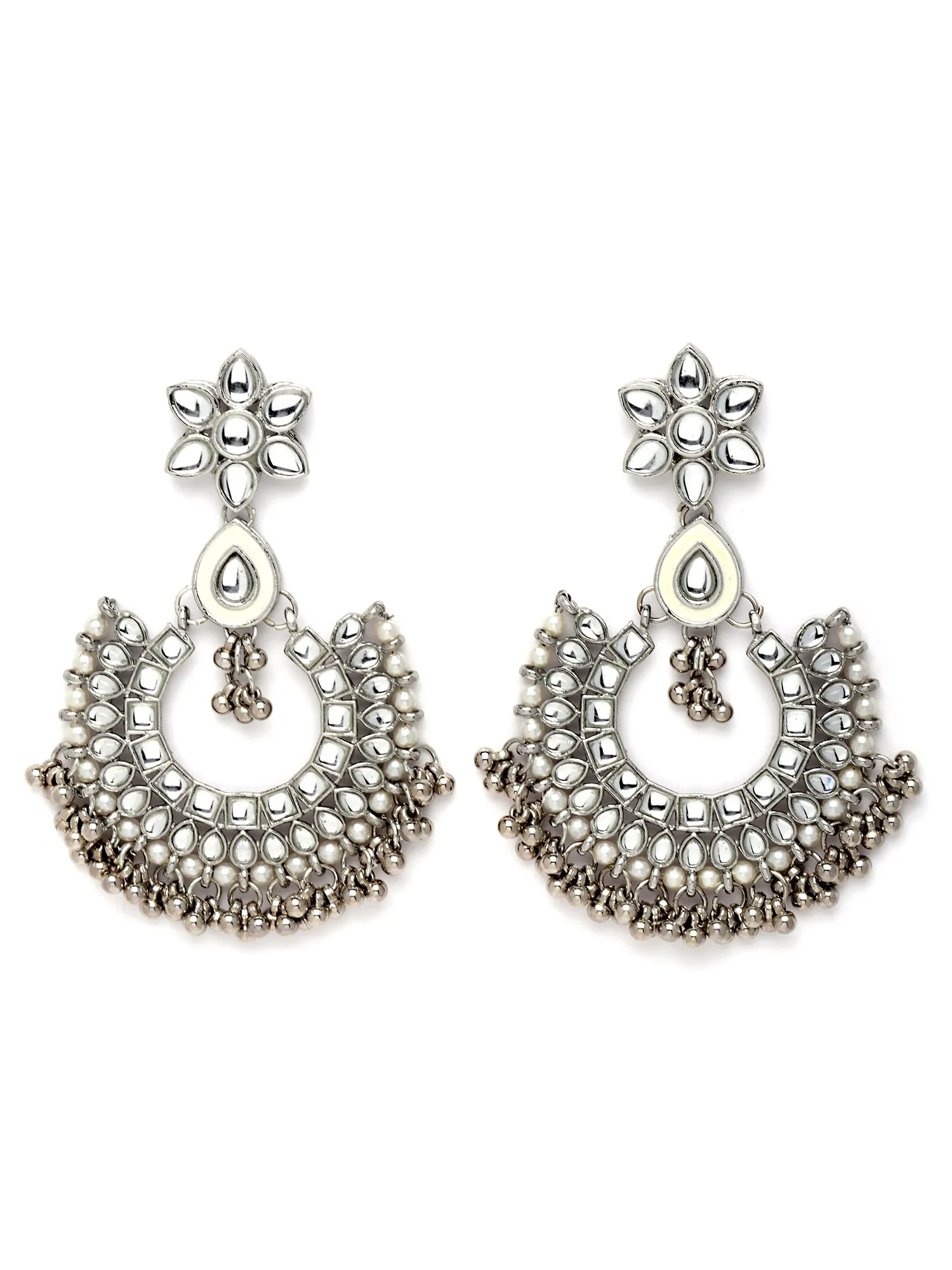Karatcart Oxidised Silver Silver Ball and Pearl Studded Kundan Chandbali Earrings for Women