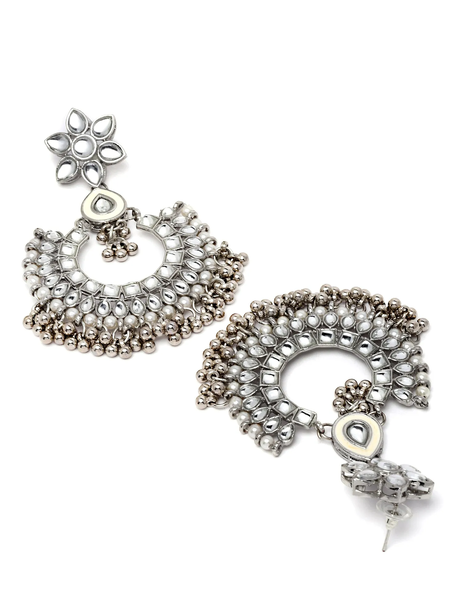 Karatcart Oxidised Silver Silver Ball and Pearl Studded Kundan Chandbali Earrings for Women