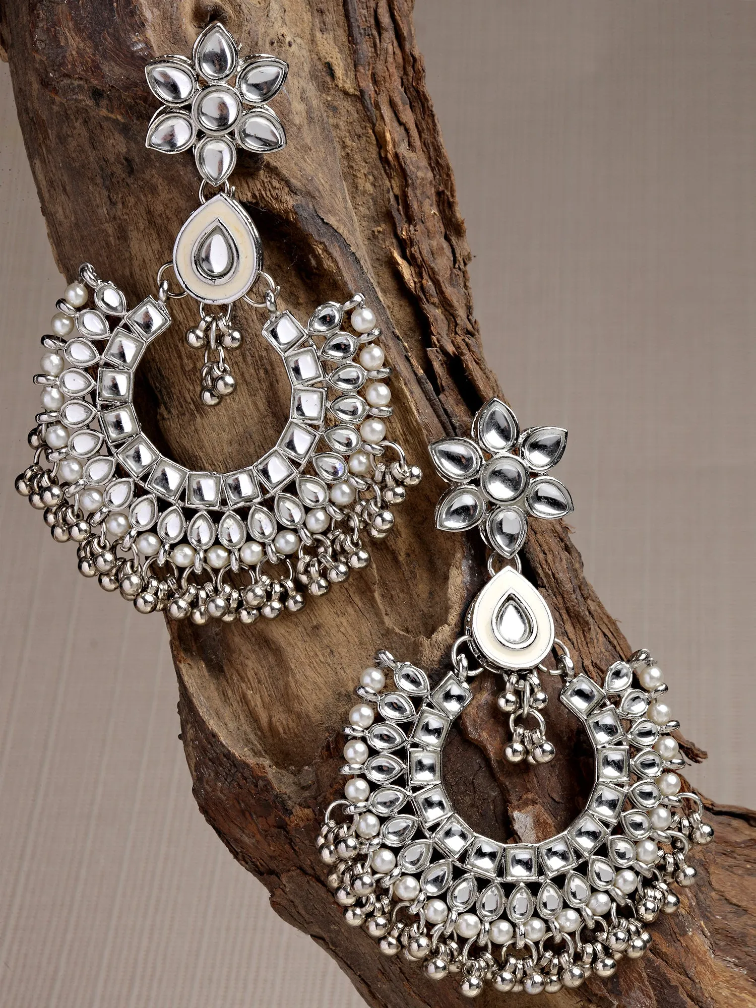 Karatcart Oxidised Silver Silver Ball and Pearl Studded Kundan Chandbali Earrings for Women