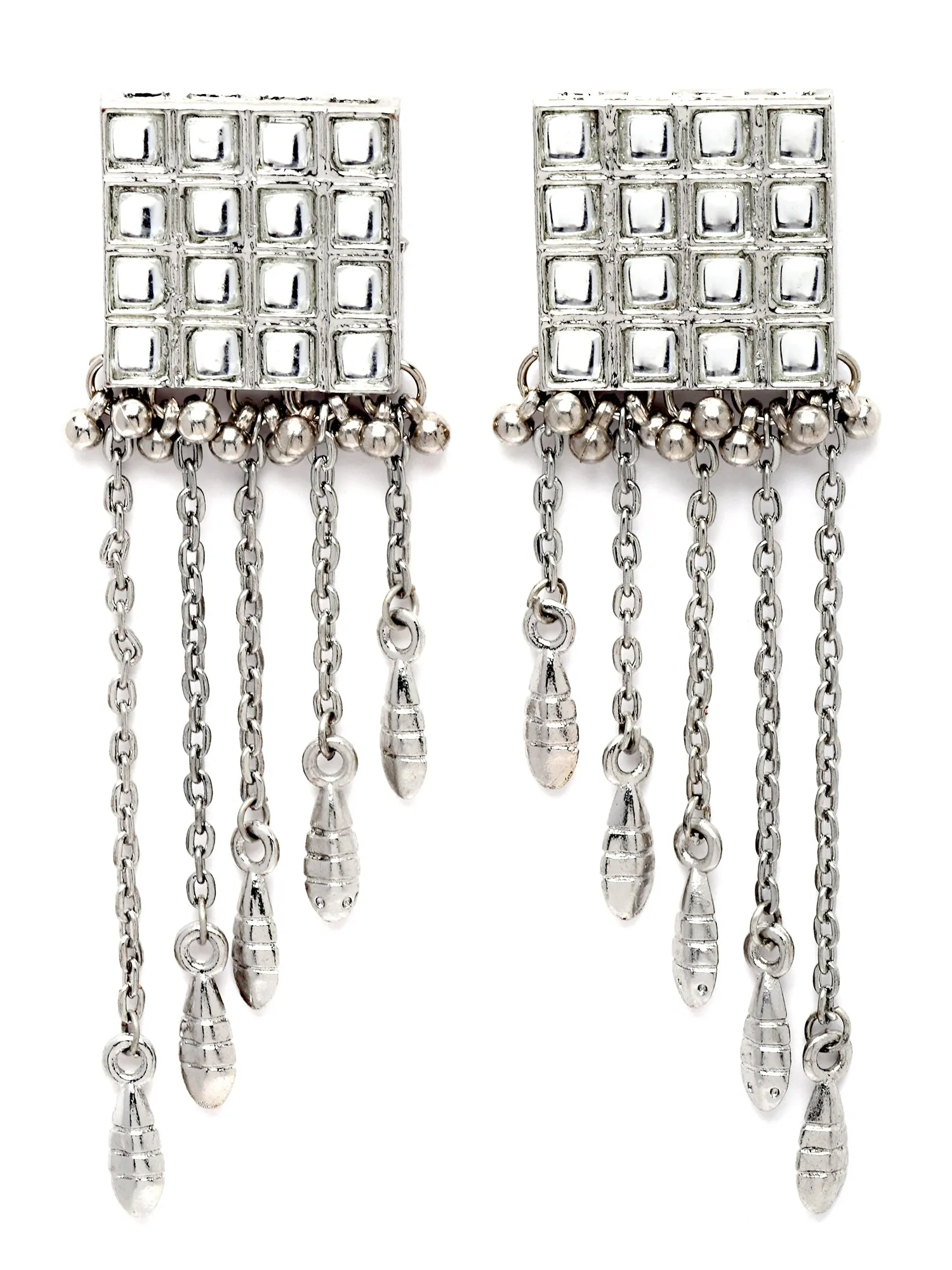 Karatcart Oxidised Silver Square Shape Kundan Tassel Earrings for Women