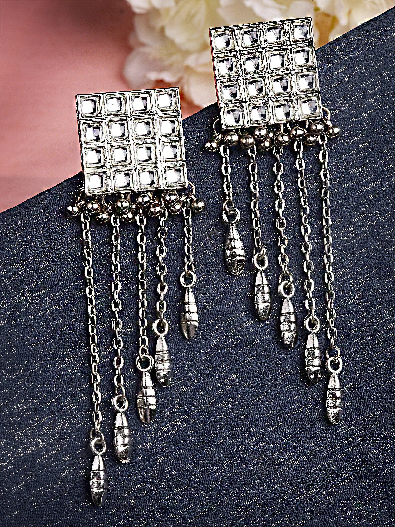 Karatcart Oxidised Silver Square Shape Kundan Tassel Earrings for Women