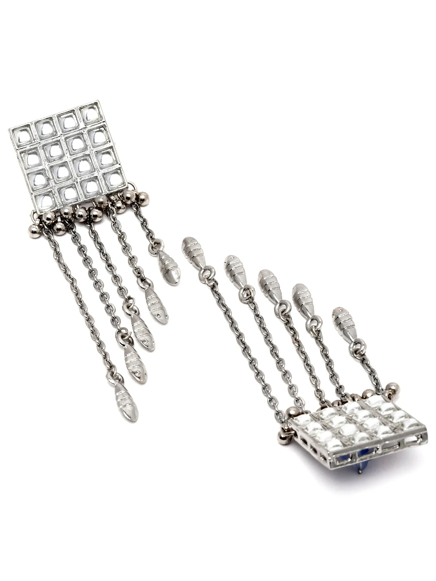 Karatcart Oxidised Silver Square Shape Kundan Tassel Earrings for Women