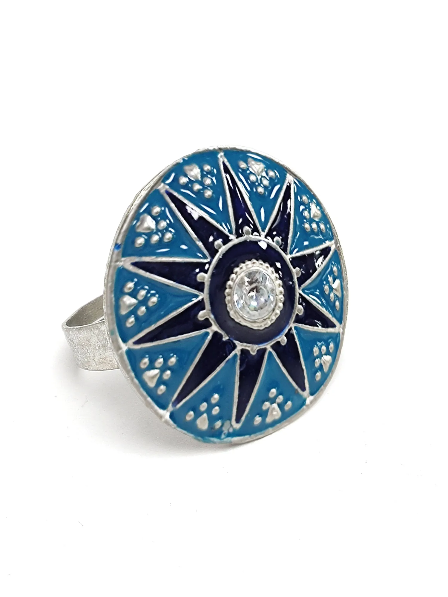 Karatcart Oxidised Silver Star Design Blue Meena Finger Ring for Women
