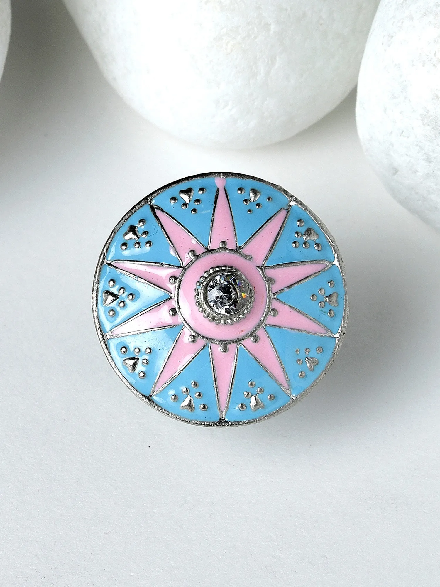 Karatcart Oxidised Silver Star Design Pink and Light Blue Meena Finger Ring for Women