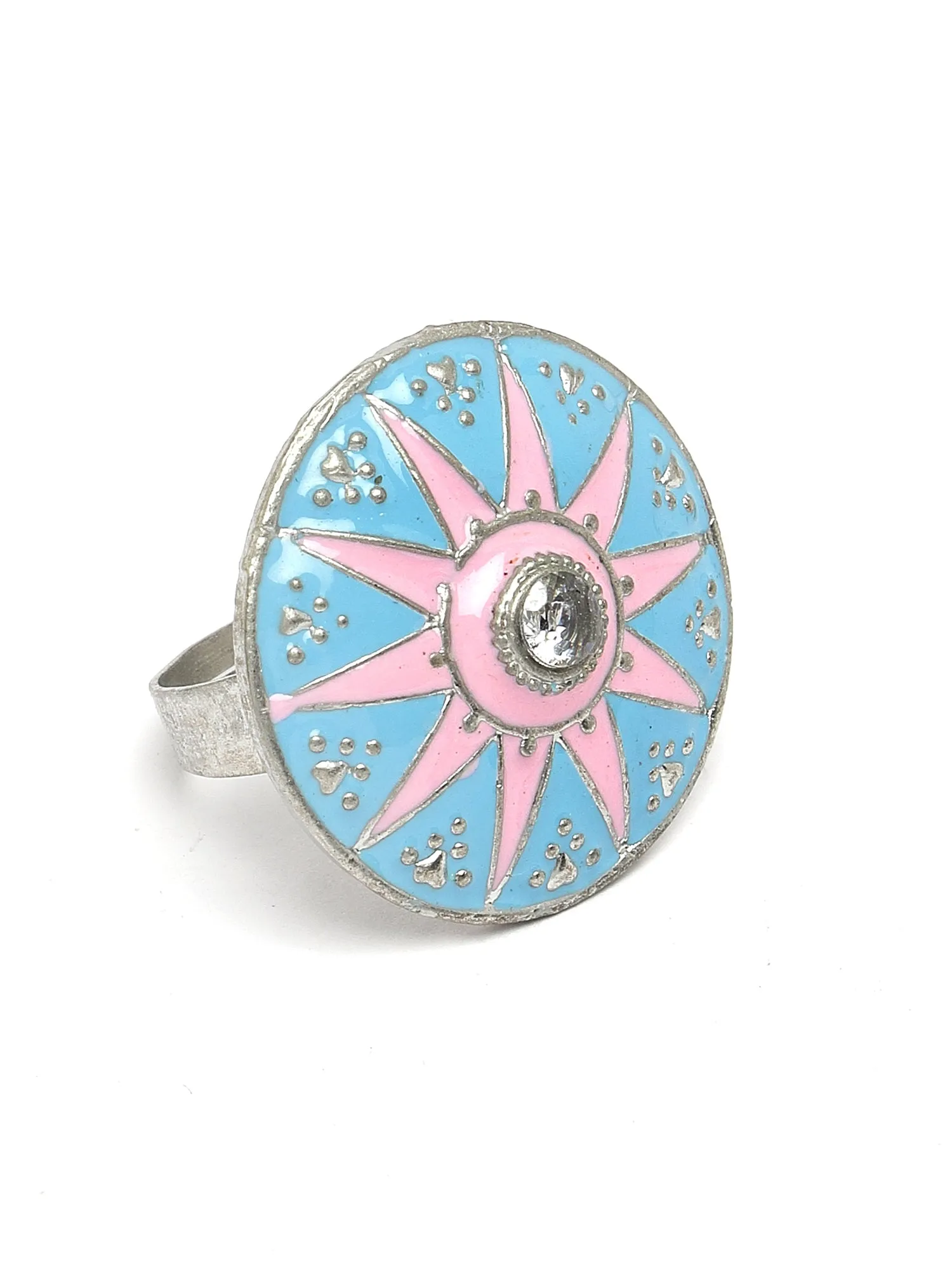 Karatcart Oxidised Silver Star Design Pink and Light Blue Meena Finger Ring for Women