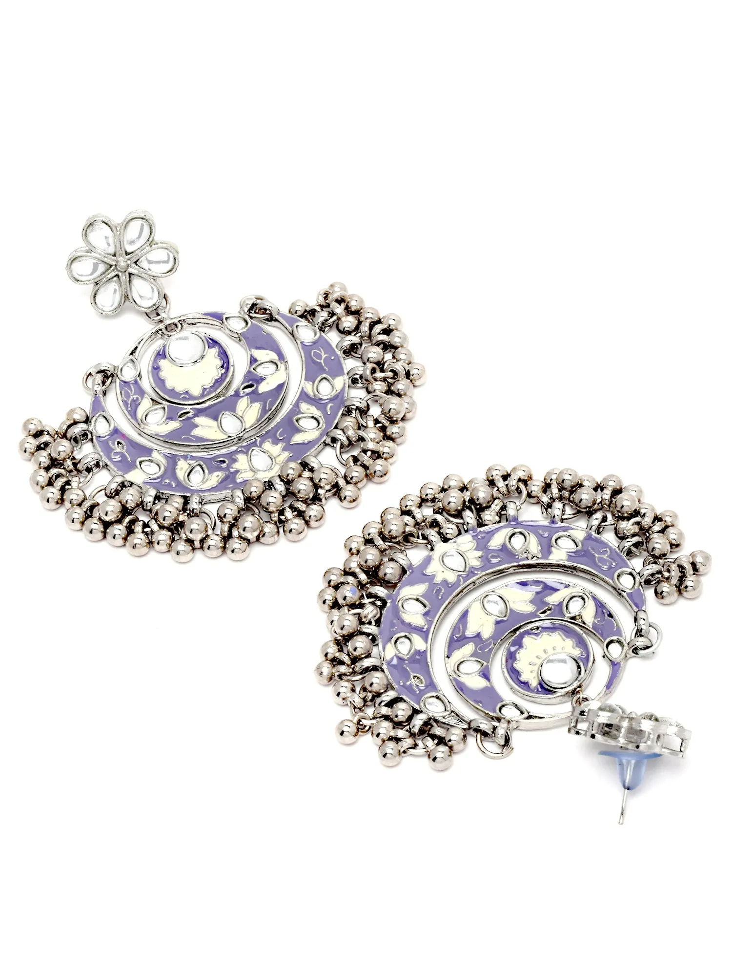 Karatcart Oxidised Silver Violet Meena Silver Ball Studded Kundan Chandbali Earrings for Women