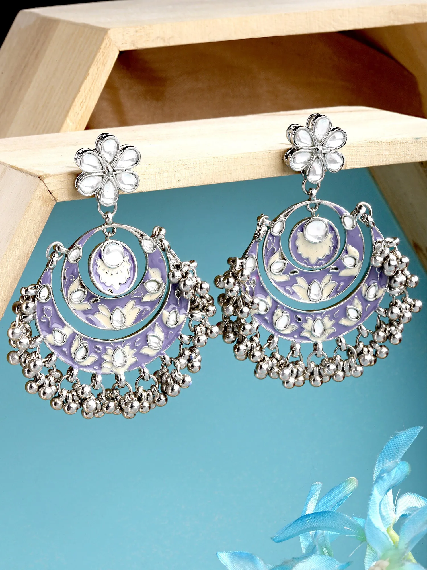 Karatcart Oxidised Silver Violet Meena Silver Ball Studded Kundan Chandbali Earrings for Women