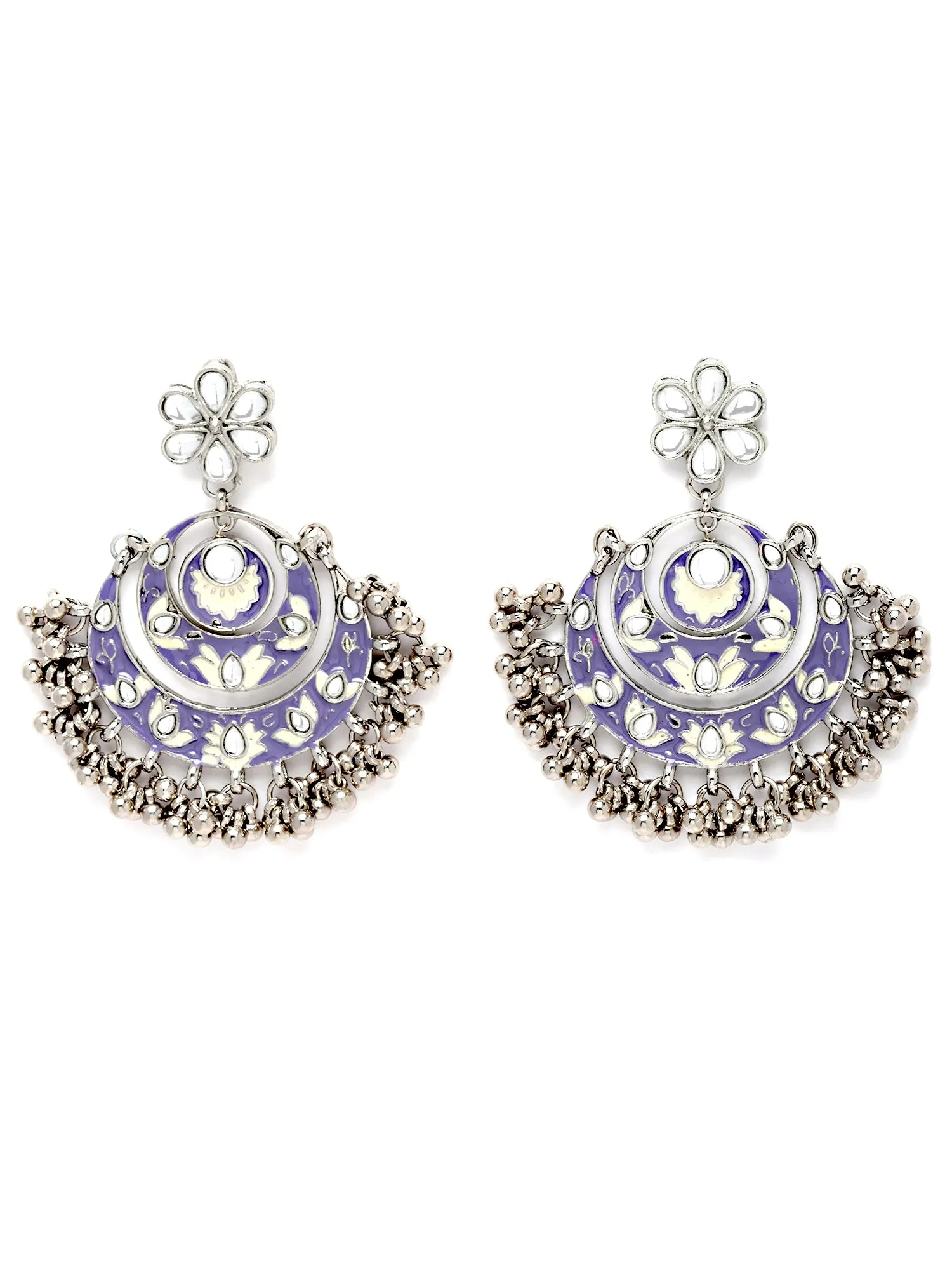Karatcart Oxidised Silver Violet Meena Silver Ball Studded Kundan Chandbali Earrings for Women
