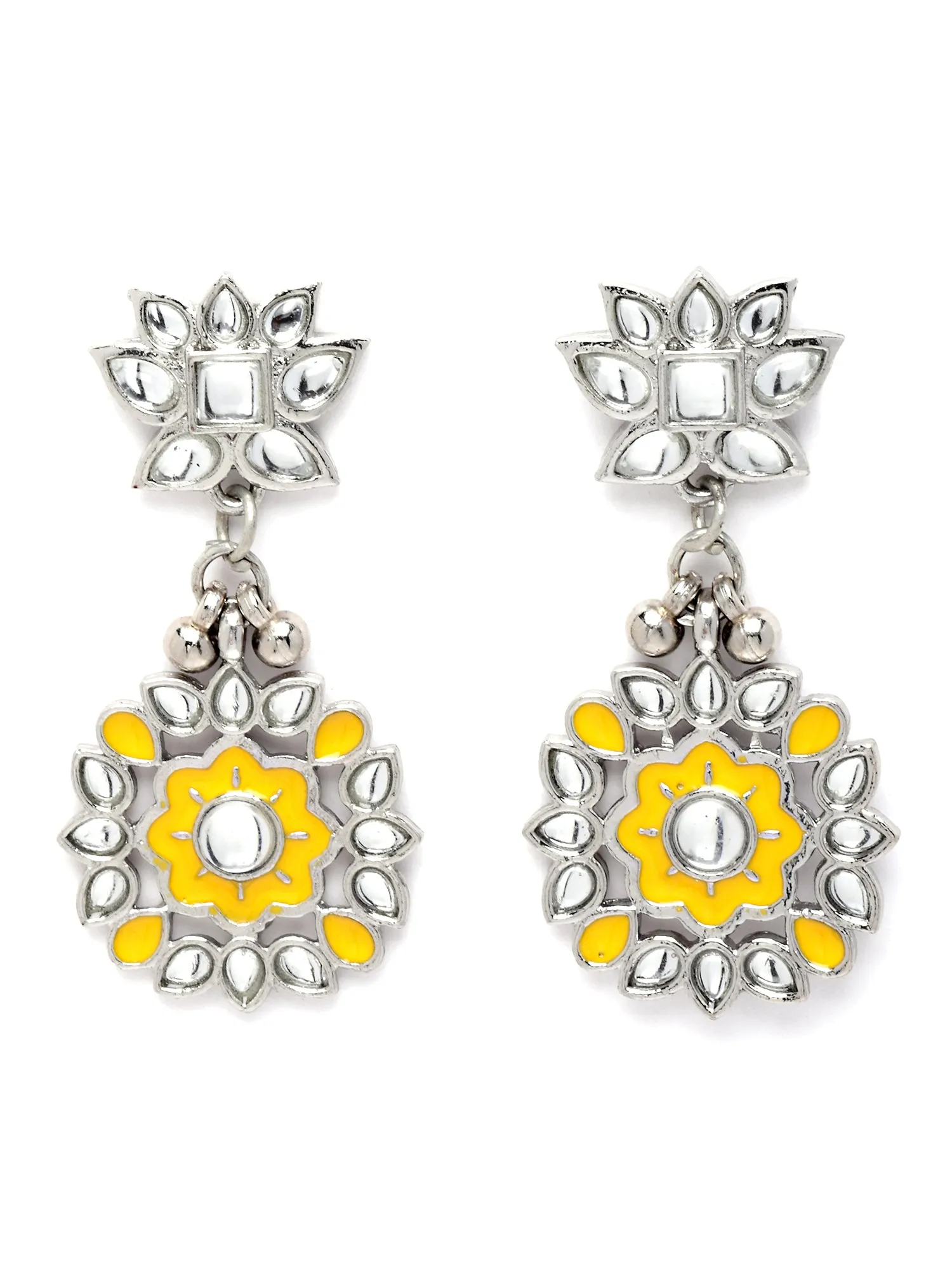 Karatcart Oxidised Silver Yellow Meena Floral Design Kundan Dangler Earrings for Women
