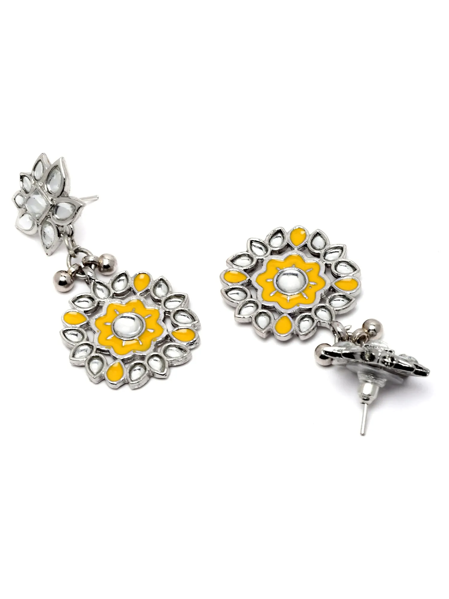 Karatcart Oxidised Silver Yellow Meena Floral Design Kundan Dangler Earrings for Women