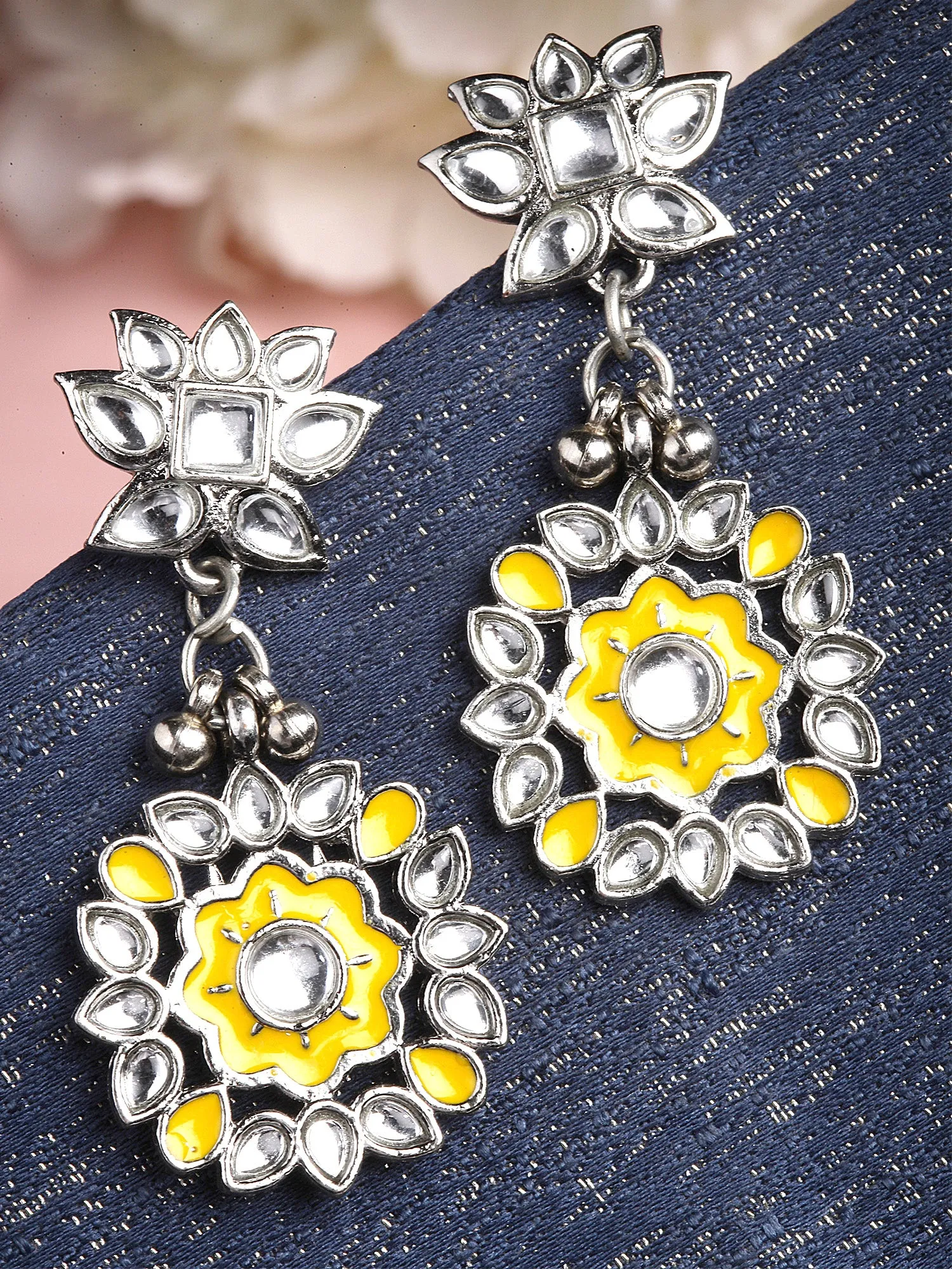 Karatcart Oxidised Silver Yellow Meena Floral Design Kundan Dangler Earrings for Women