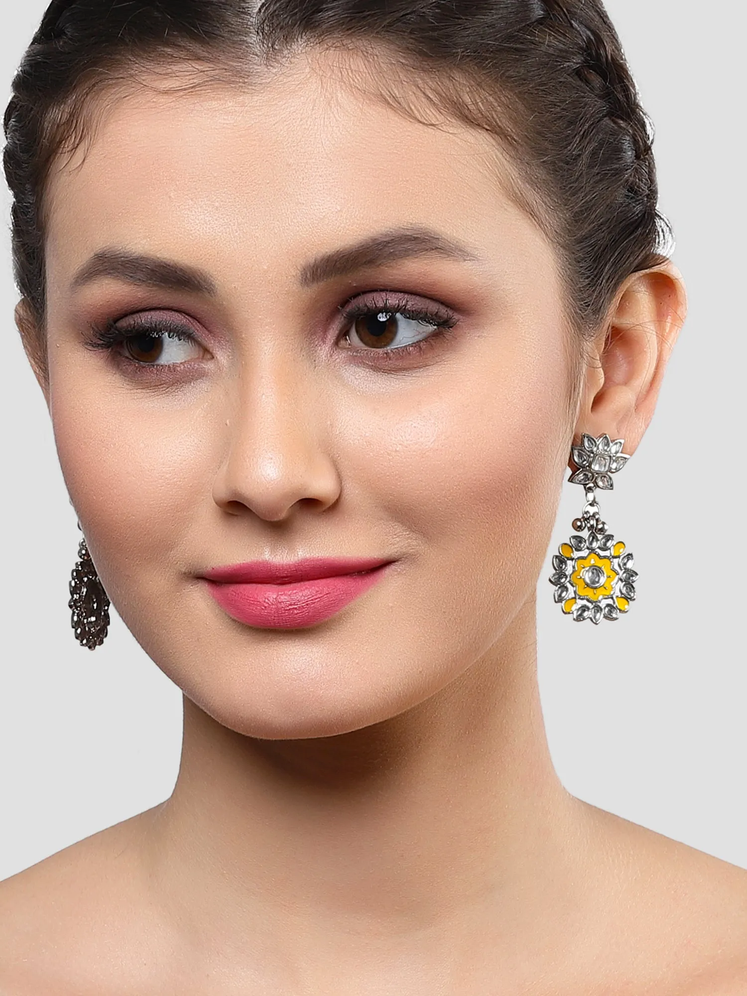 Karatcart Oxidised Silver Yellow Meena Floral Design Kundan Dangler Earrings for Women