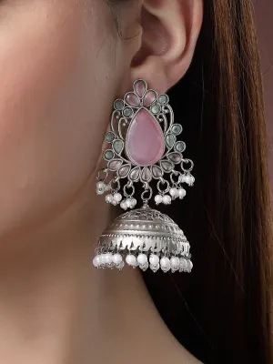 Karatcart Oxodised Silver Pink Stone Dome Jhmki Earrings for Women