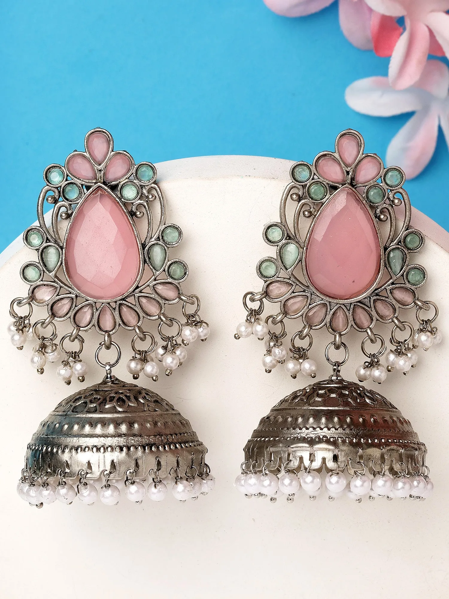 Karatcart Oxodised Silver Pink Stone Dome Jhmki Earrings for Women