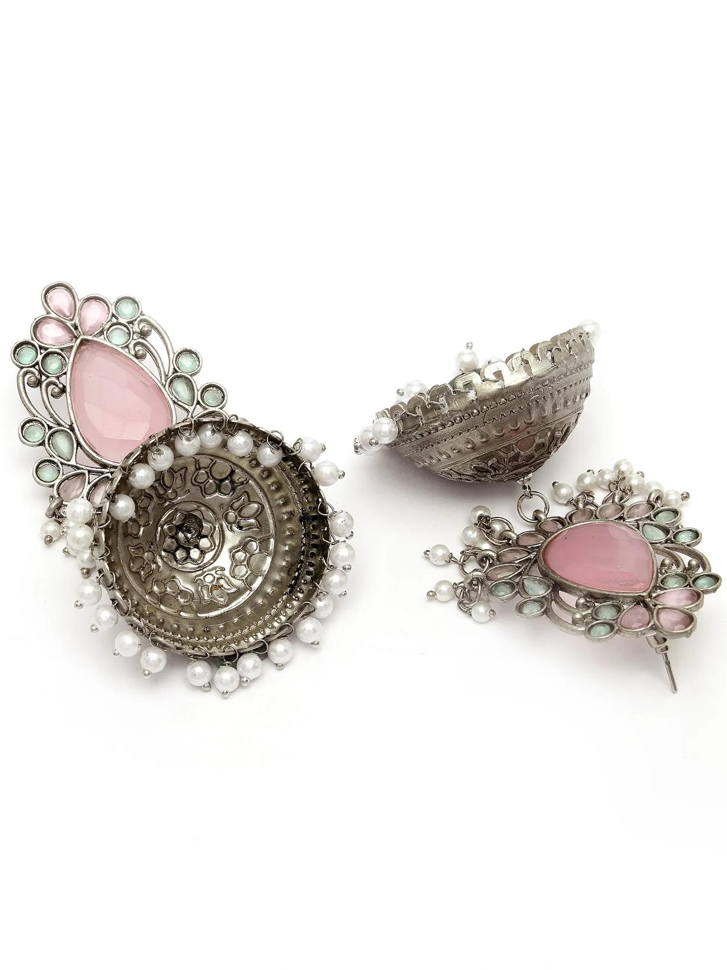 Karatcart Oxodised Silver Pink Stone Dome Jhmki Earrings for Women