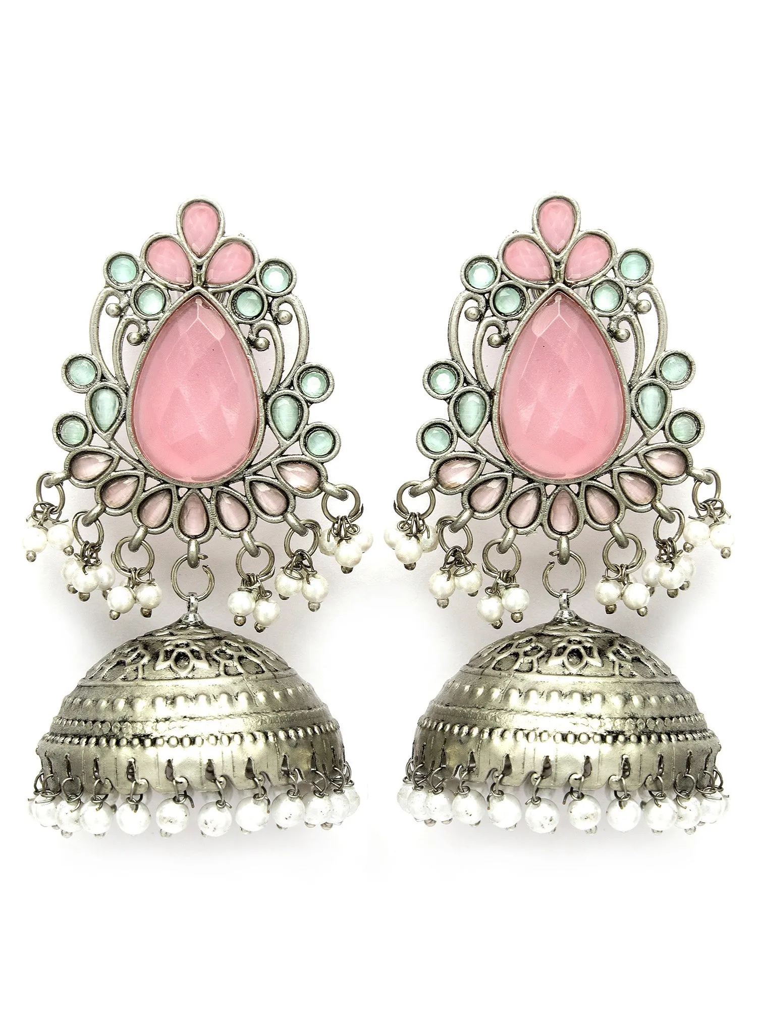 Karatcart Oxodised Silver Pink Stone Dome Jhmki Earrings for Women