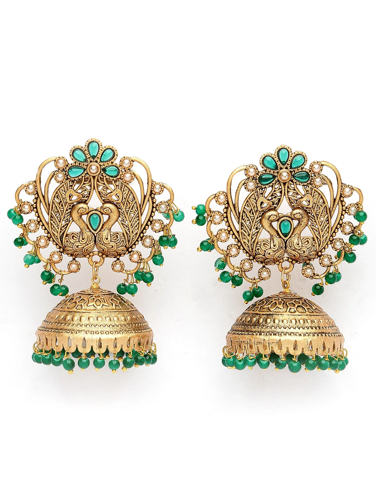 Karatcart Peacock Design Gold Plated Green Beads Jhumki Earrings for Women