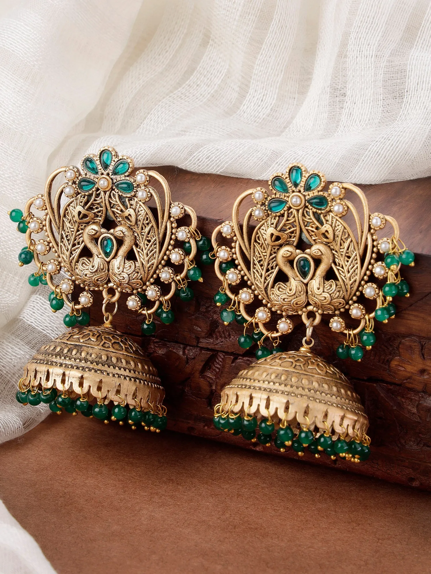 Karatcart Peacock Design Gold Plated Green Beads Jhumki Earrings for Women