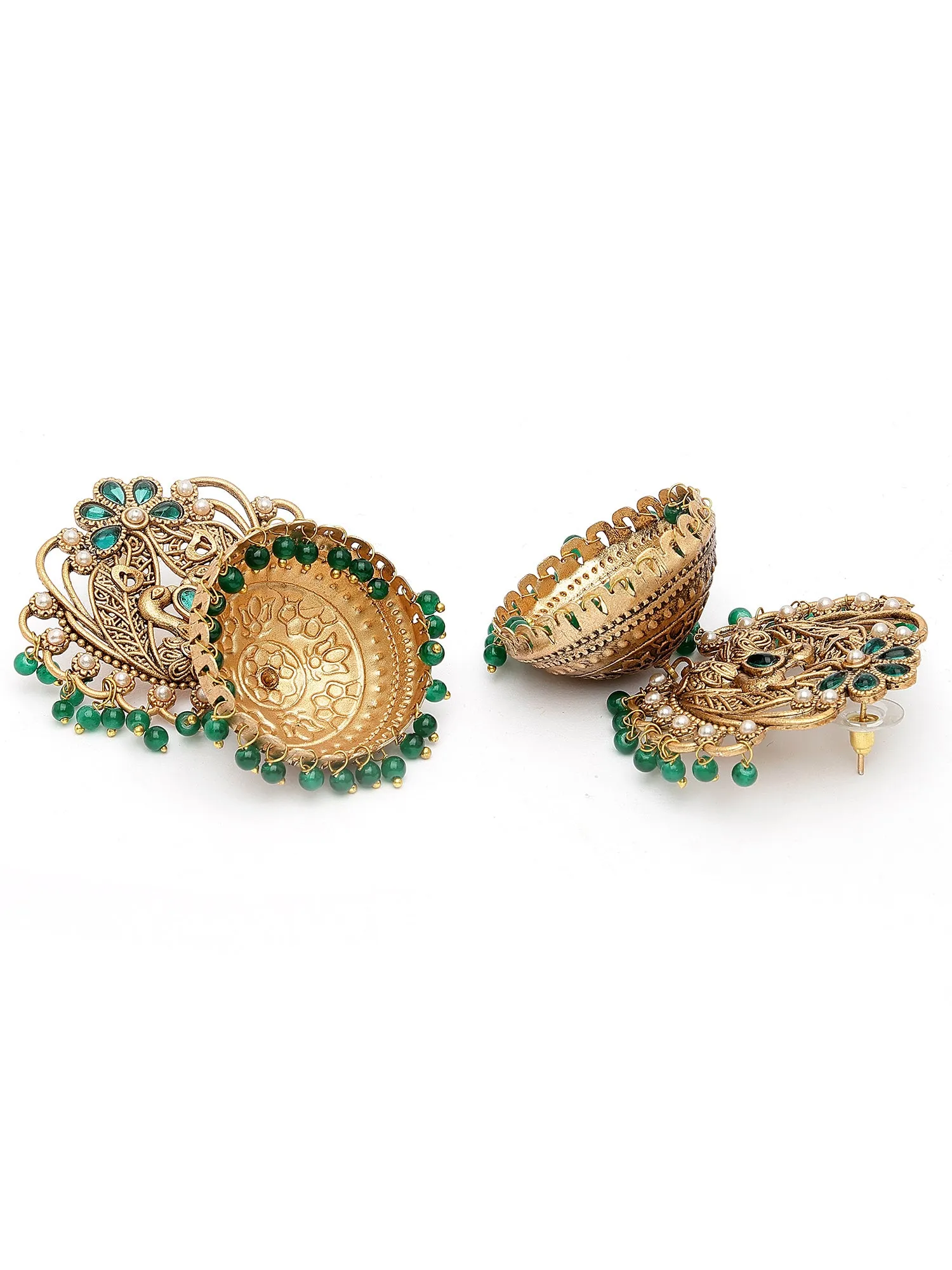 Karatcart Peacock Design Gold Plated Green Beads Jhumki Earrings for Women