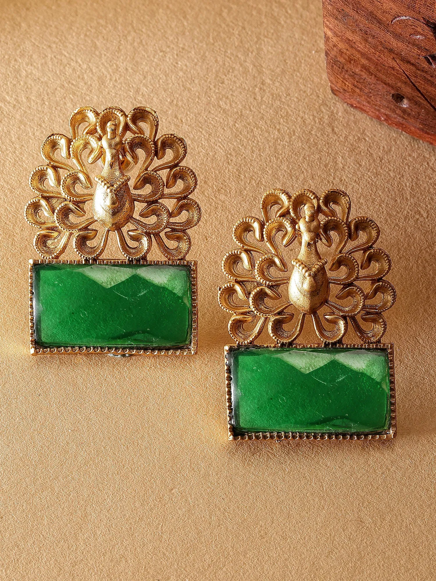 Karatcart Peacock Design Gold Plated Green Stone Stud Earrings for Women
