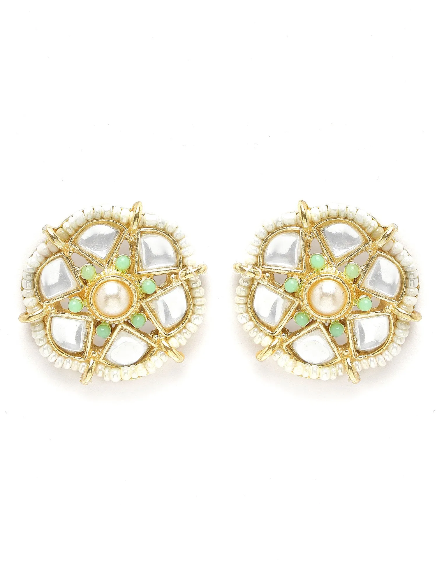Karatcart Pearl Beaded Light Green Carved Stone Kundan Rani Haar Necklace Set for Women