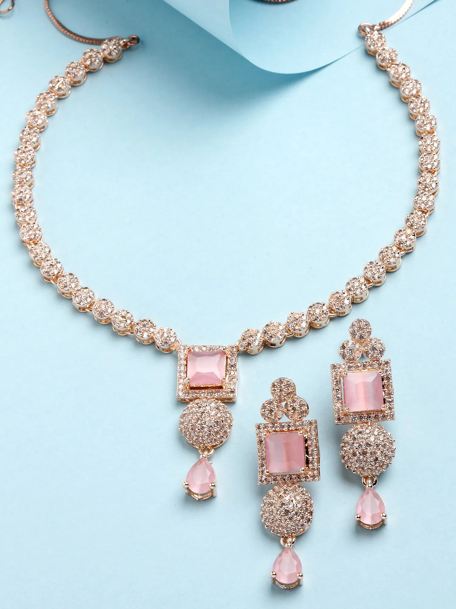 Karatcart Pink American Diamond Studded Rose Gold Plated Necklace Set for Women