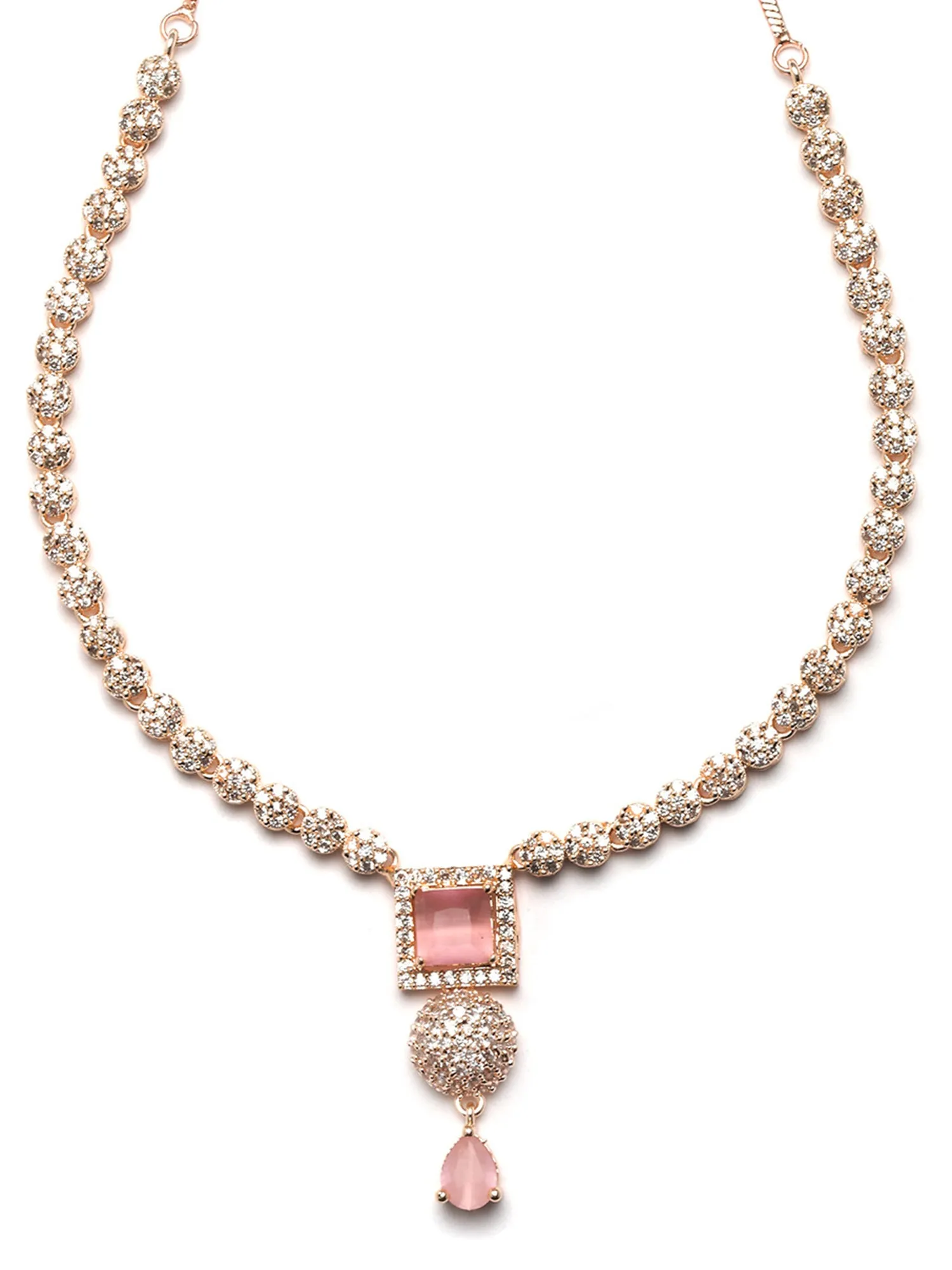 Karatcart Pink American Diamond Studded Rose Gold Plated Necklace Set for Women