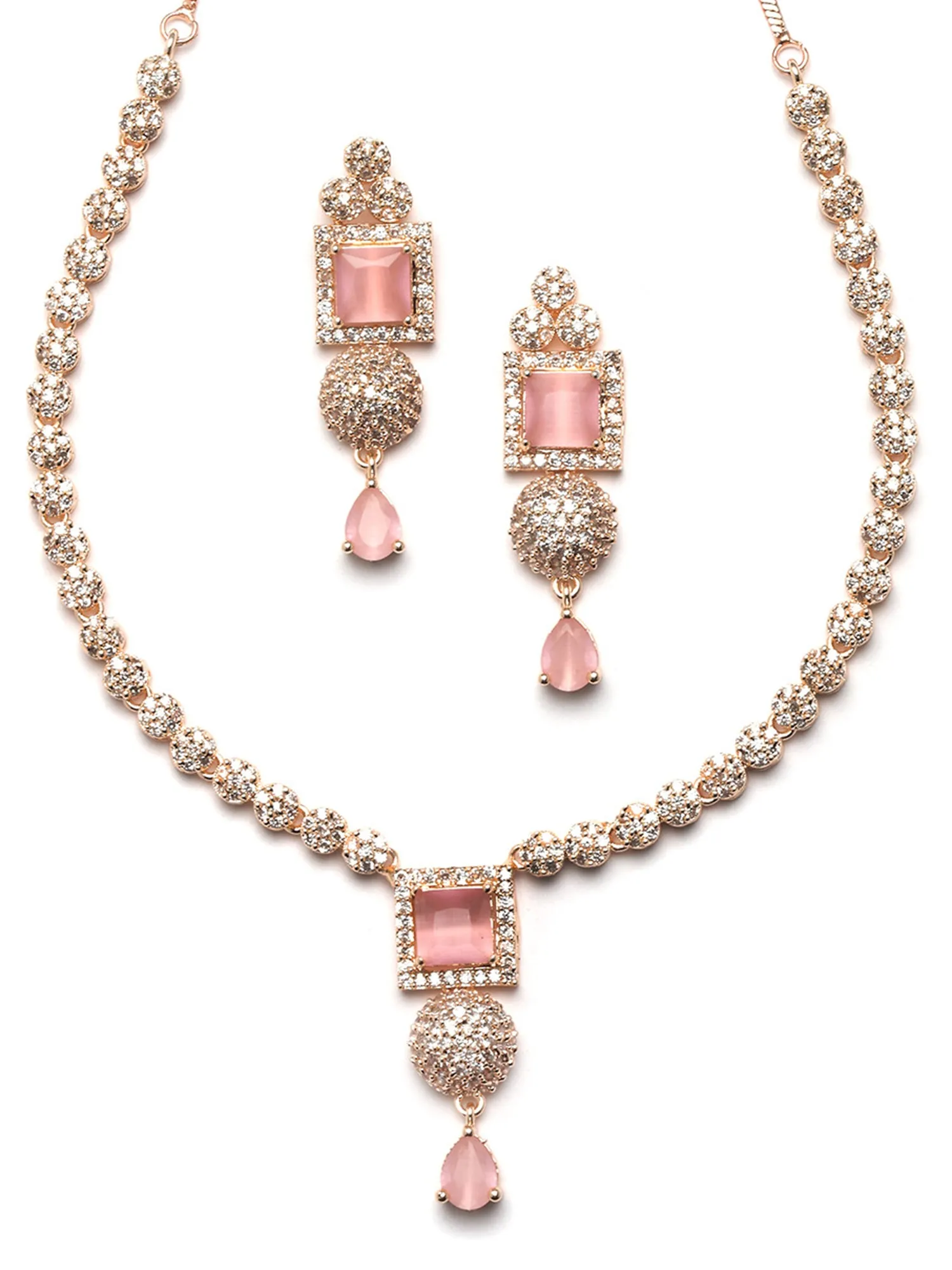 Karatcart Pink American Diamond Studded Rose Gold Plated Necklace Set for Women