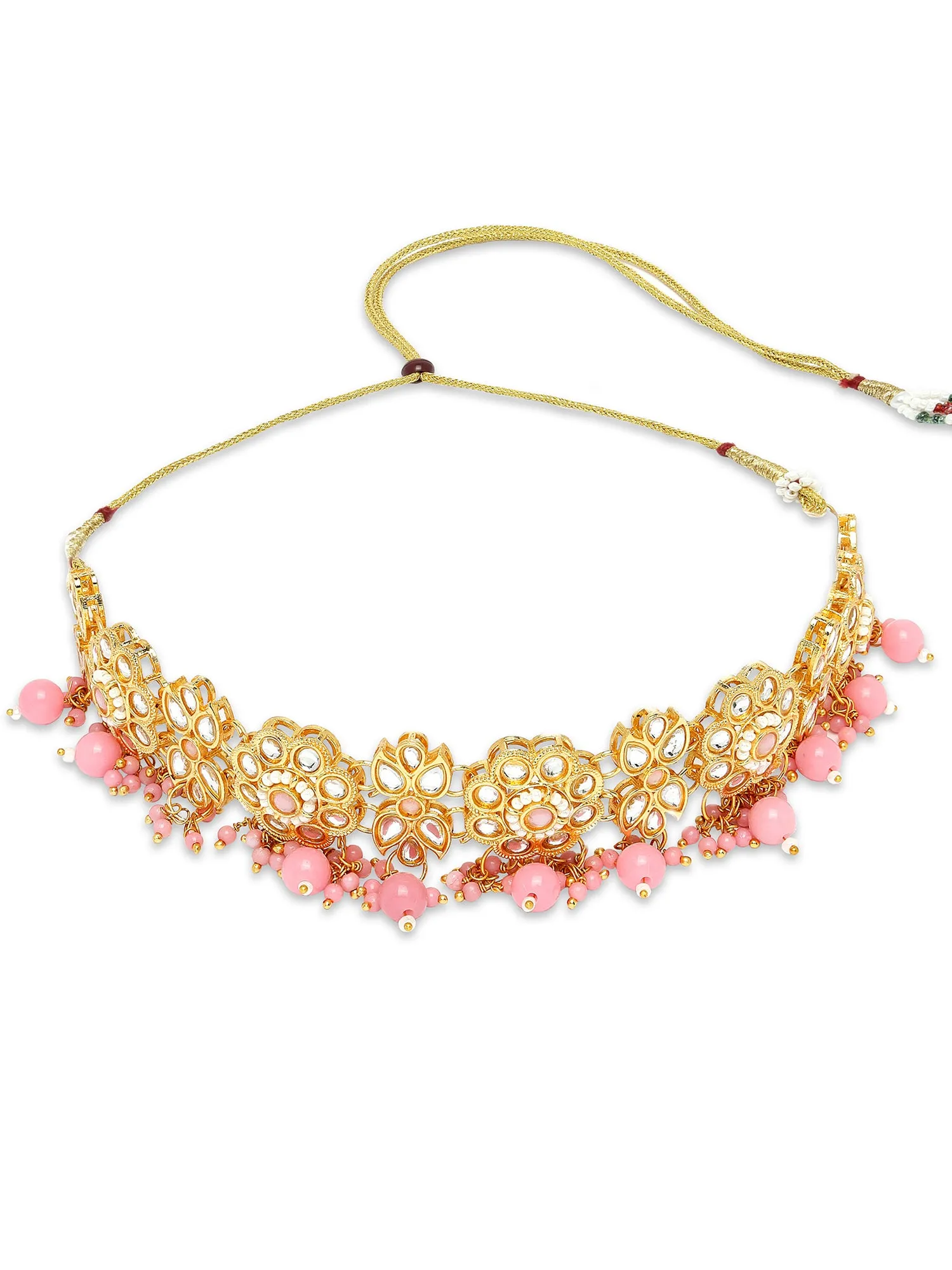 Karatcart Pink Beads Floral Design Kundan Choker Necklace Set for Women