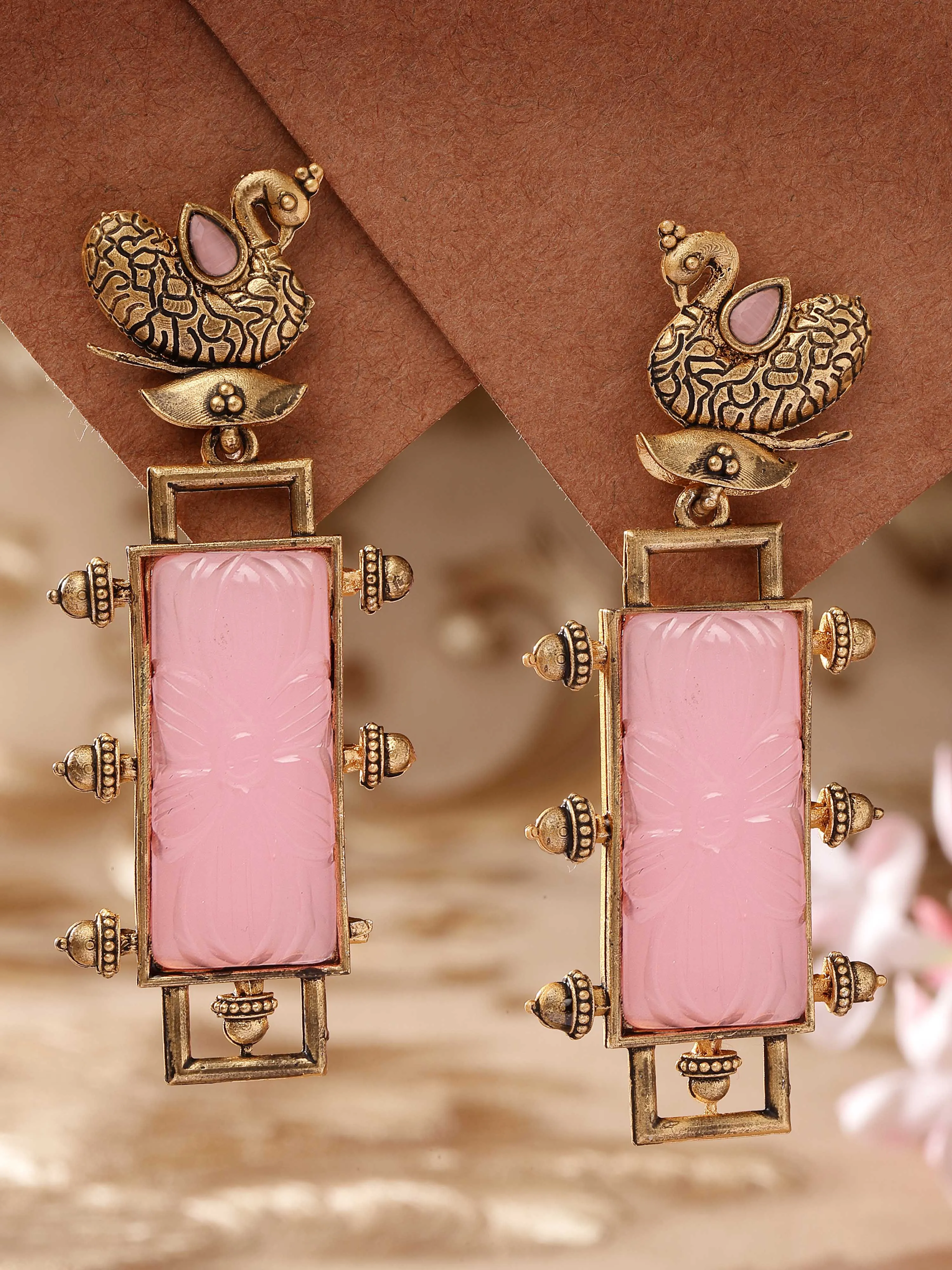 Karatcart Pink Carved Stone Studded Gold Plated Drop Earrings for Women