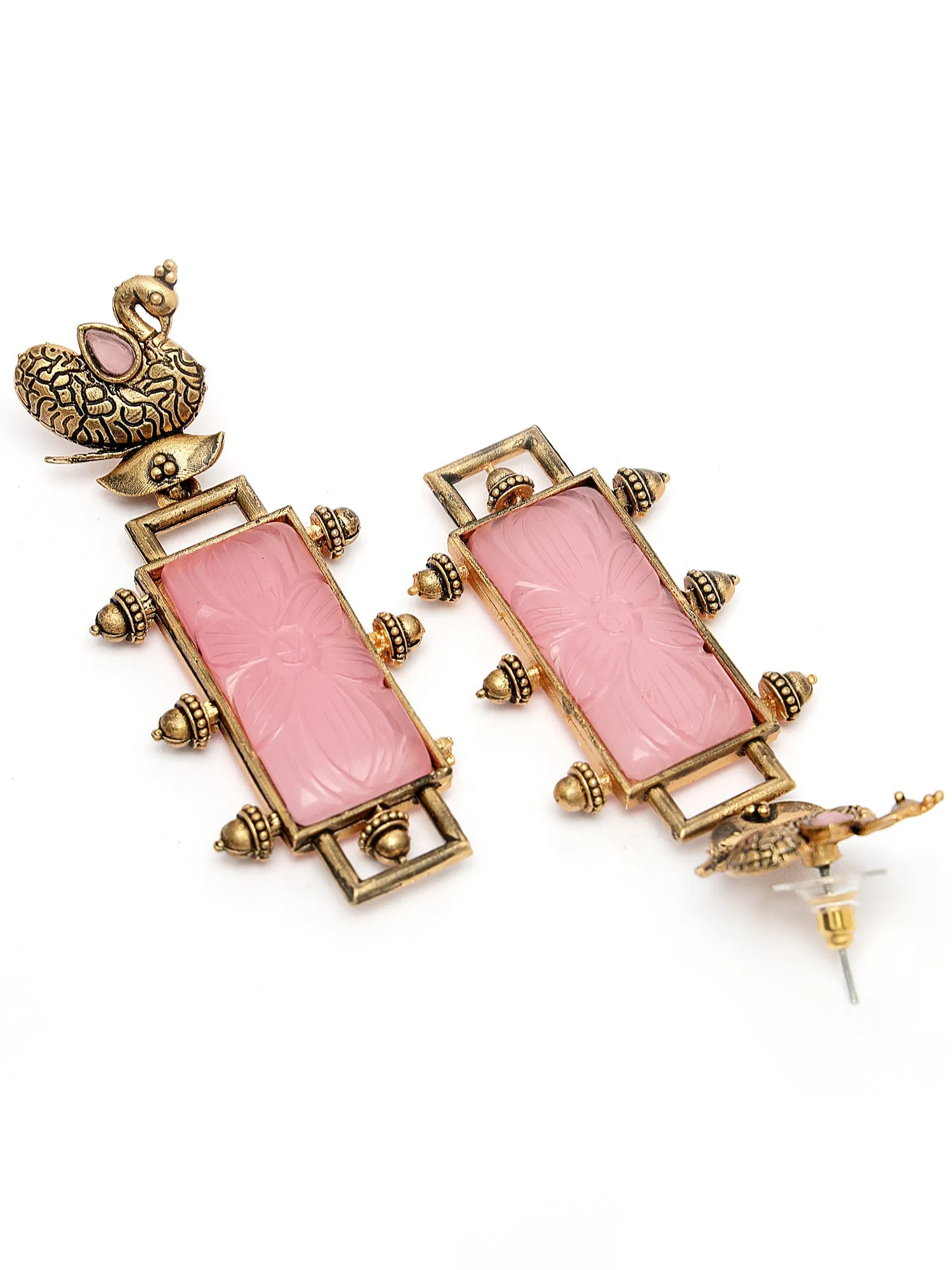 Karatcart Pink Carved Stone Studded Gold Plated Drop Earrings for Women