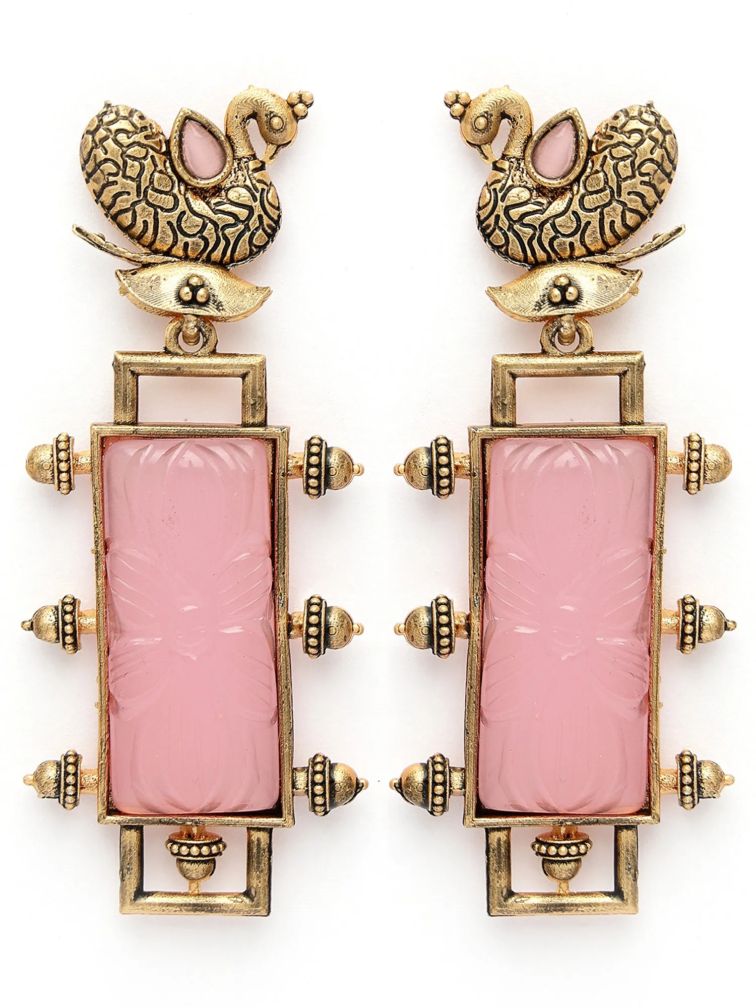 Karatcart Pink Carved Stone Studded Gold Plated Drop Earrings for Women