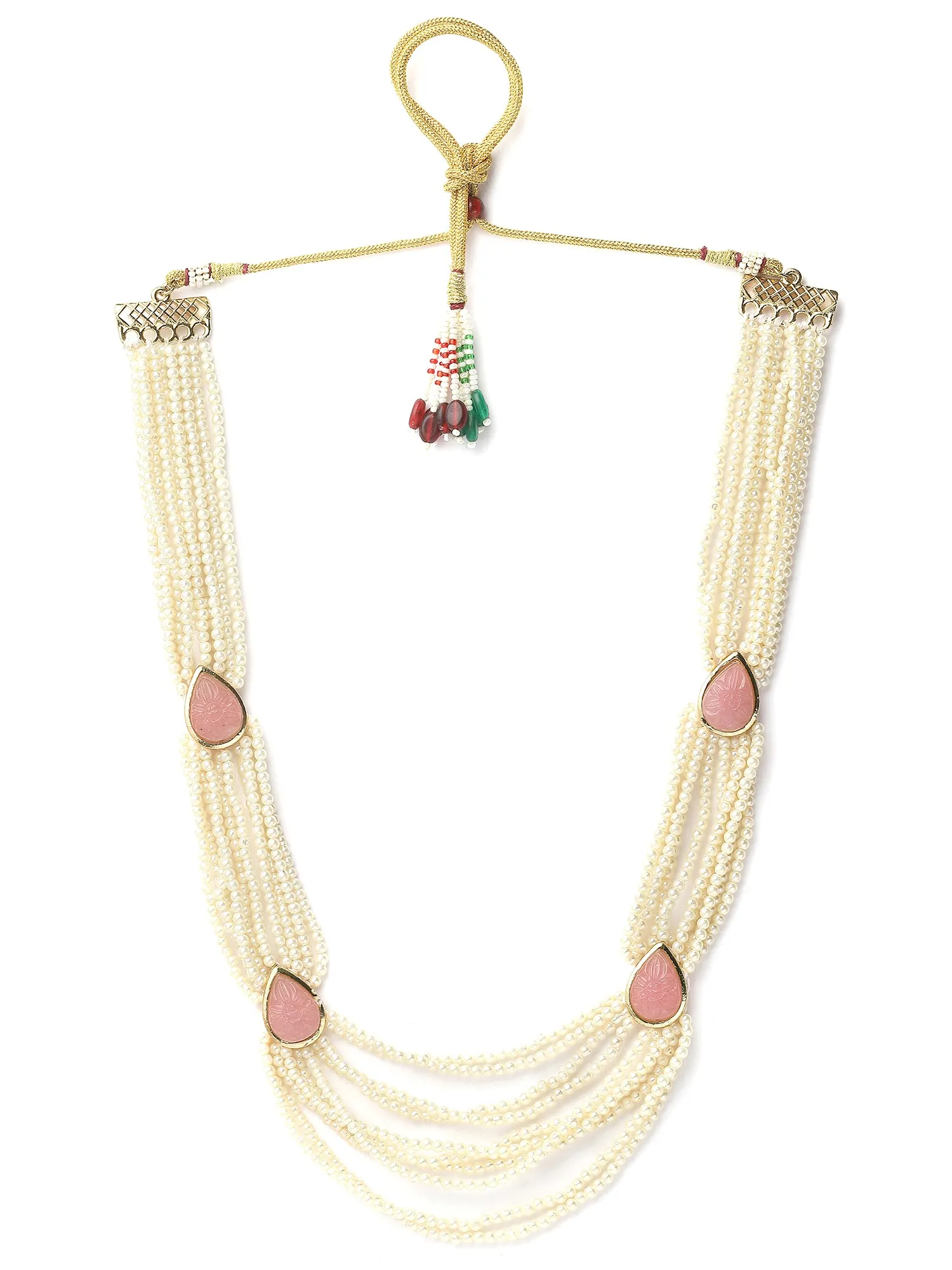 Karatcart Pink Carved Stone Studded Pearl Beaded Rani Haar Necklace Set for Women
