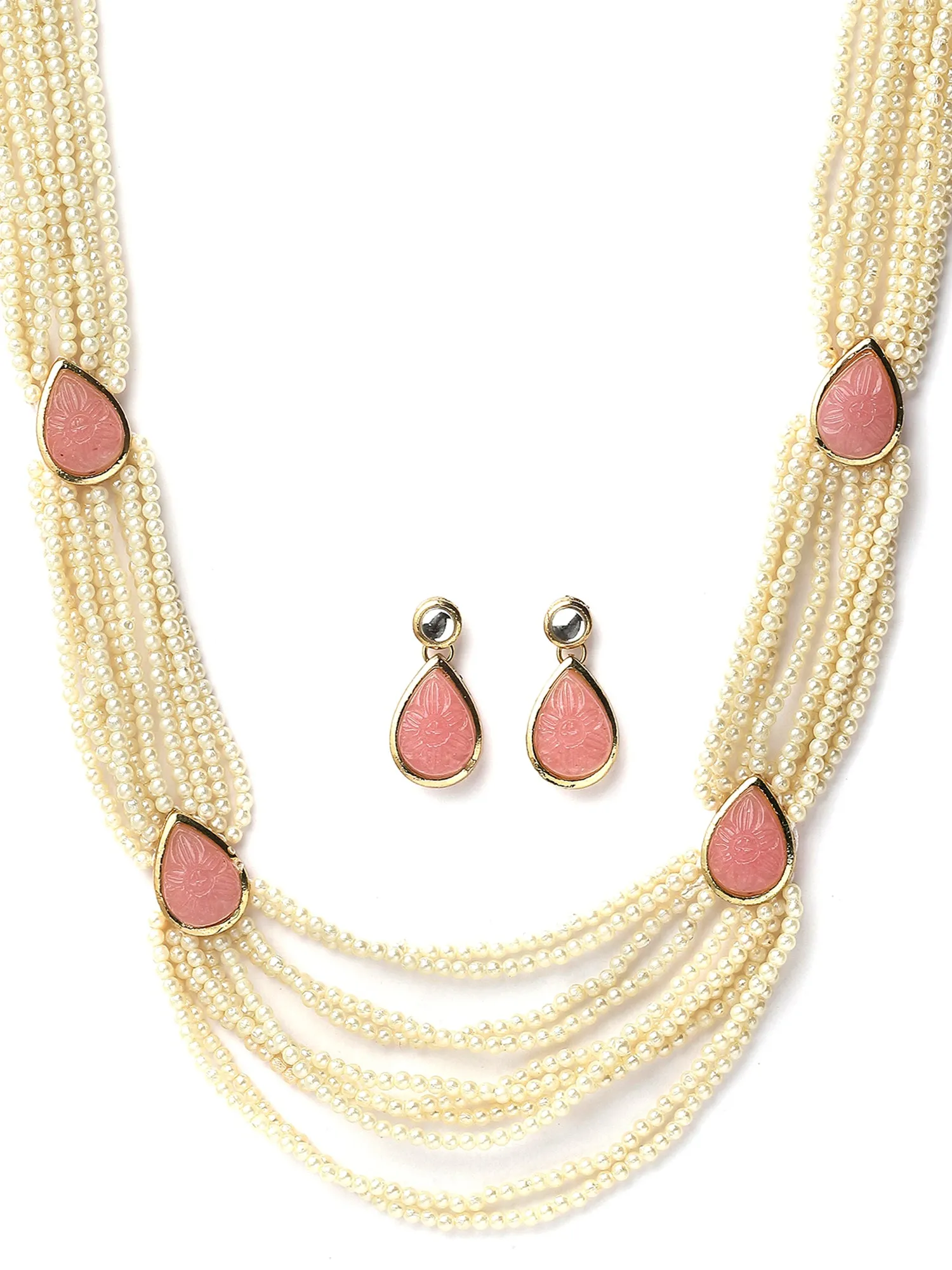 Karatcart Pink Carved Stone Studded Pearl Beaded Rani Haar Necklace Set for Women
