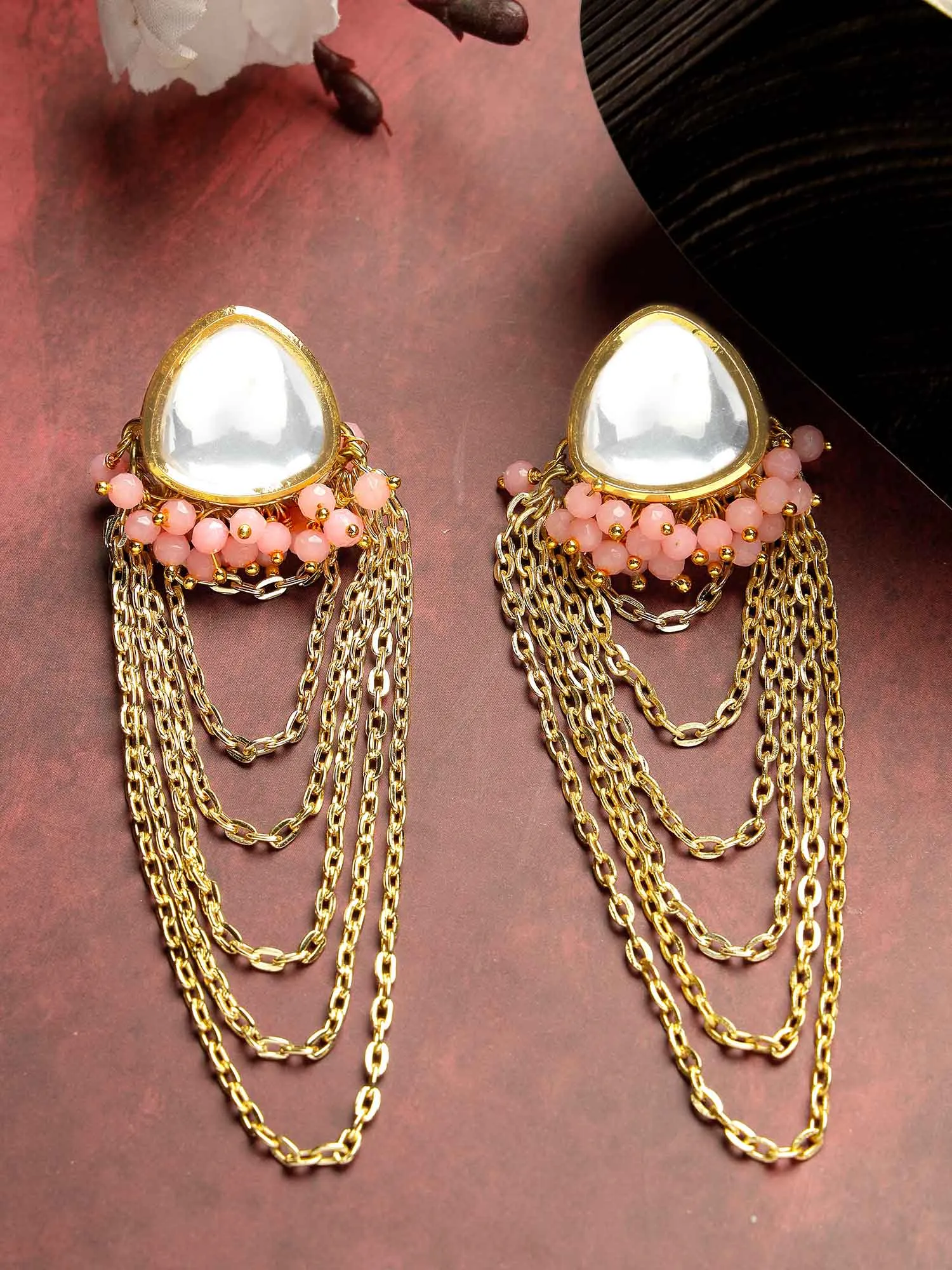 Karatcart Pink Crystal Polki Kundan Chain Drop Earrings for Women