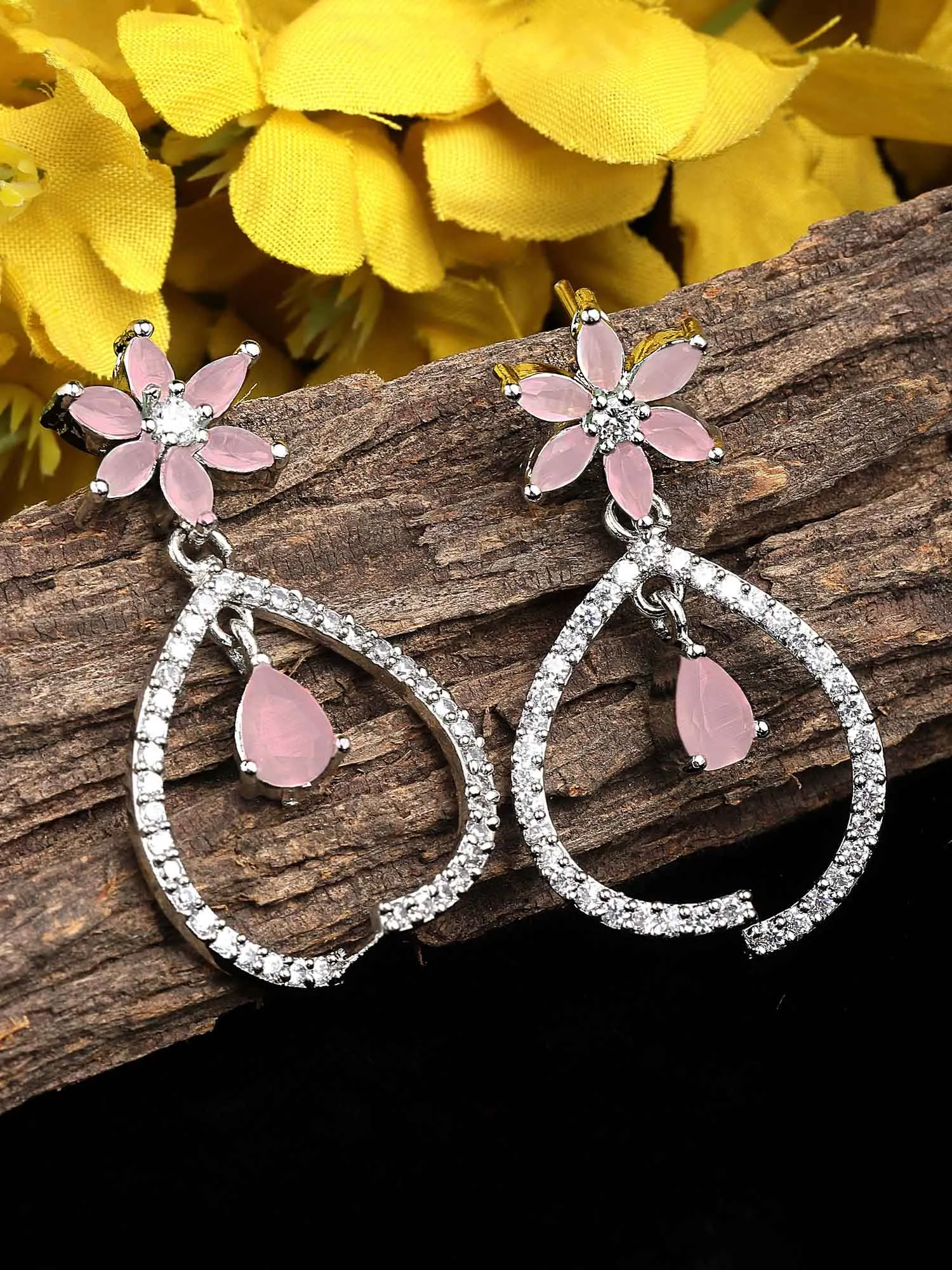 Karatcart Pink Cubic Zirconia Studded Drop Earrings for Women